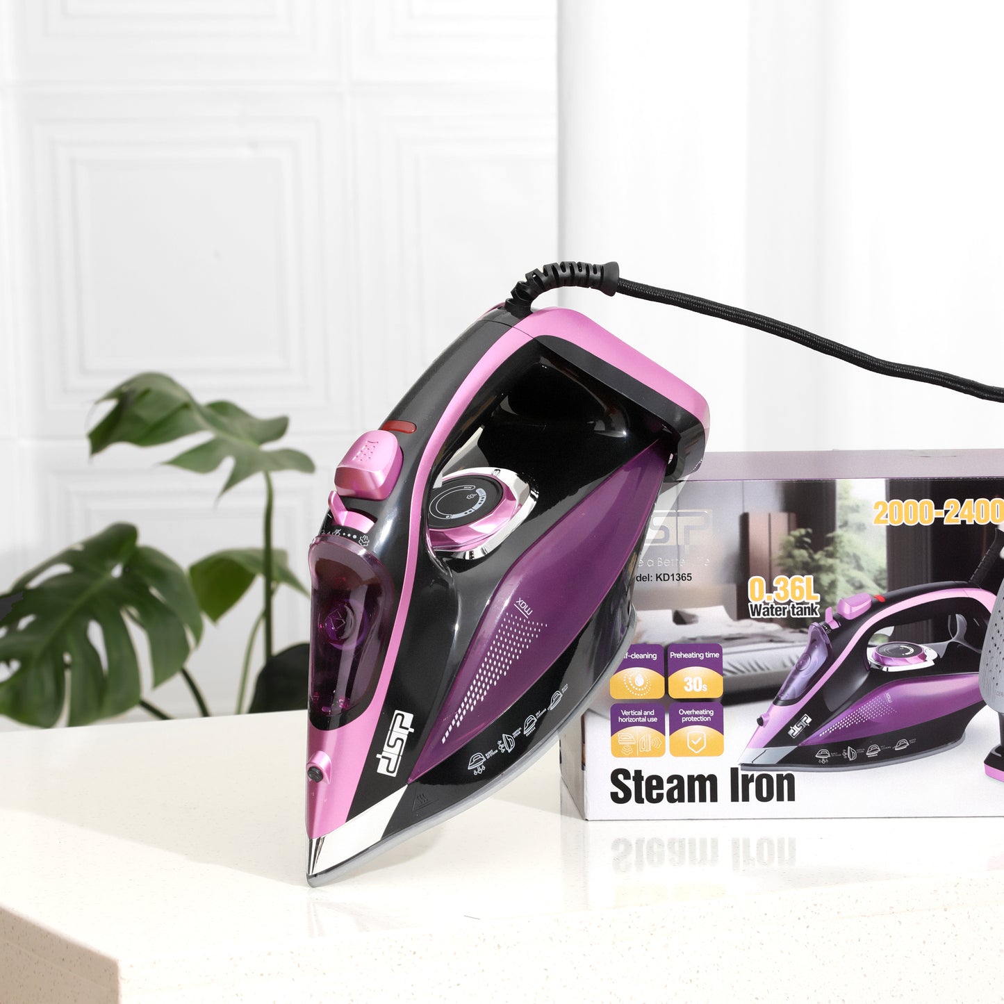 DSP Steam Iron for Clothes, 2400W Powerful Steam Iron with Ceramic Soleplate, 360ml Tank, Adjustable Steam, Self-Clean, Overheat Protection, Retractable Cord – Ideal for Home Use