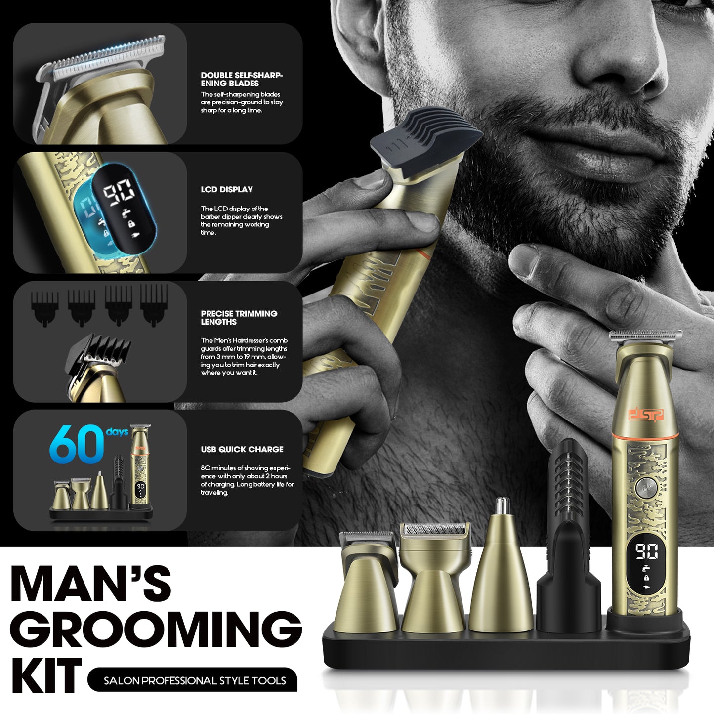 6-in-1 Professional Men's Grooming Kit with 4 Combs, IPX6 Waterproof, 90Min Runtime & LED Display, All-in-One Precision for Beard/Hair/Body Care