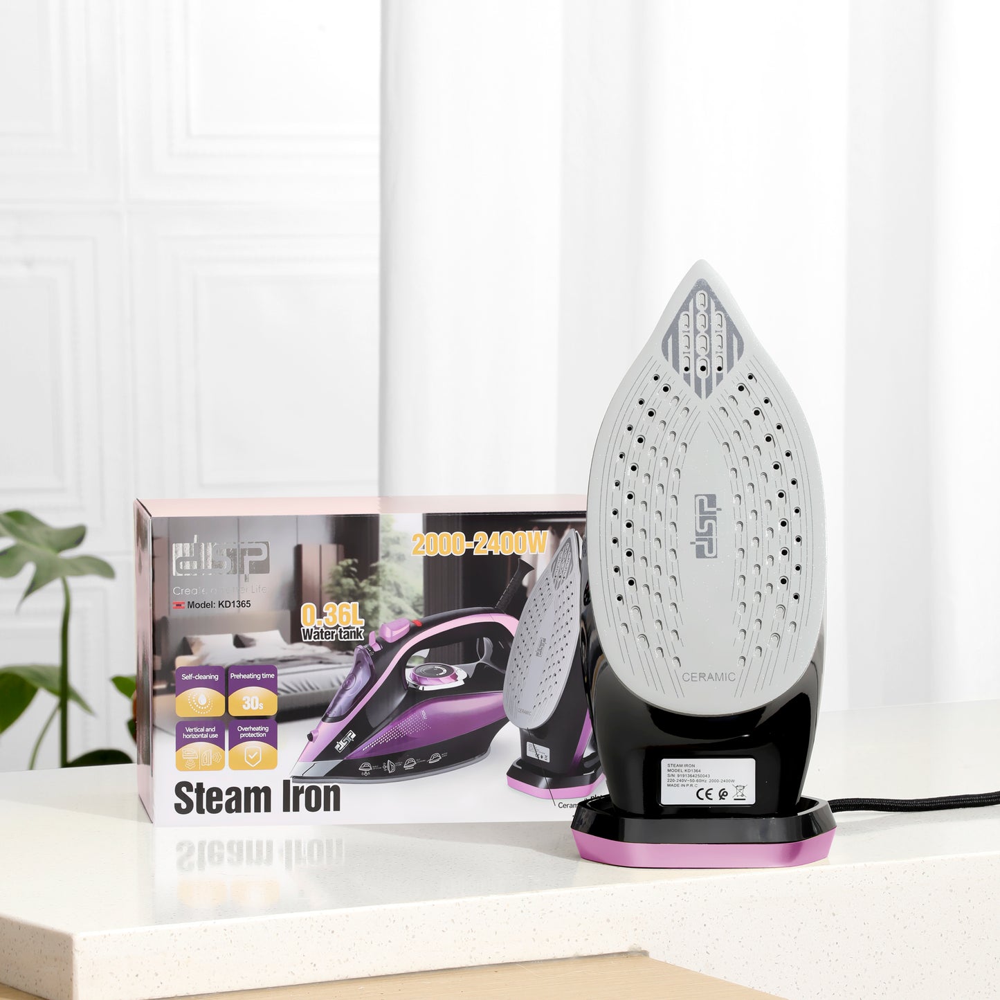 DSP Steam Iron for Clothes, 2400W Powerful Steam Iron with Ceramic Soleplate, 360ml Tank, Adjustable Steam, Self-Clean, Overheat Protection, Retractable Cord – Ideal for Home Use