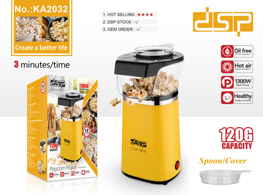 DSP Hot Air Popcorn Maker ,Quick 3-Min Snack ,120g Capacity ,High-Efficiency 95% Pop Rate,1300W , Eco-Friendly PC+PP Body, Kitchen Appliance Essential ,Home Popcorn Machine with On/Off Button, Indicator Light & Complimentary Spoon