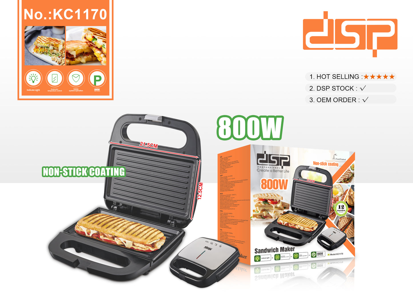 DSP Smart Pick 800W Pro Sandwich Maker with Non-Stick Plates, Auto Temp Control & Rapid Heating for Golden Toast/Panini/Waffles
