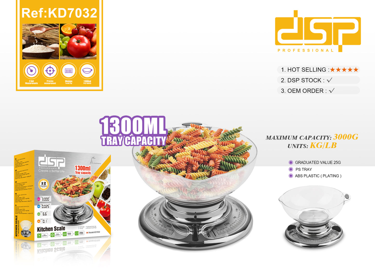 Precision Kitchen Scale, 1300ml Tray, Compact ABS+PS Design, Perfect for Baking, Cooking, Healthy Meals