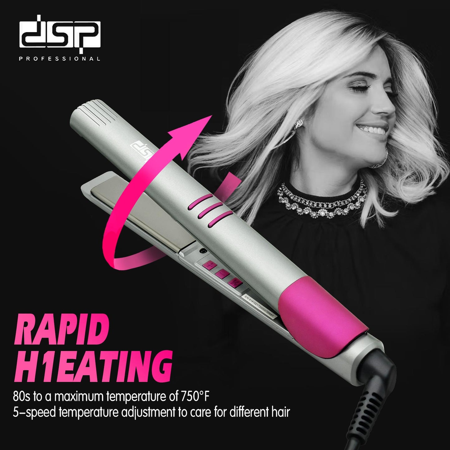 DSP Hot Seller Titanium Hair Straightener 38W Fast Heat 5-Temp Adjustable 360° Swivel Cord for Damage-Free Styling Home & Salon