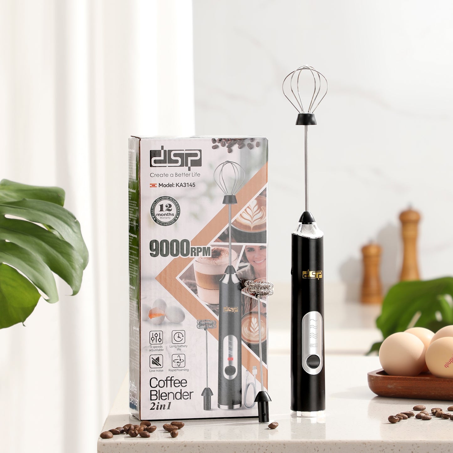 DSP Handheld Electric Milk Frother with 2 Heads, USB Rechargeable Coffee Whisk & Frother Wand, 3 Speeds Adjustable (7000-9000 RPM) for Latte, Cappuccino, Hot Chocolate & Egg Mixing (Black/White)