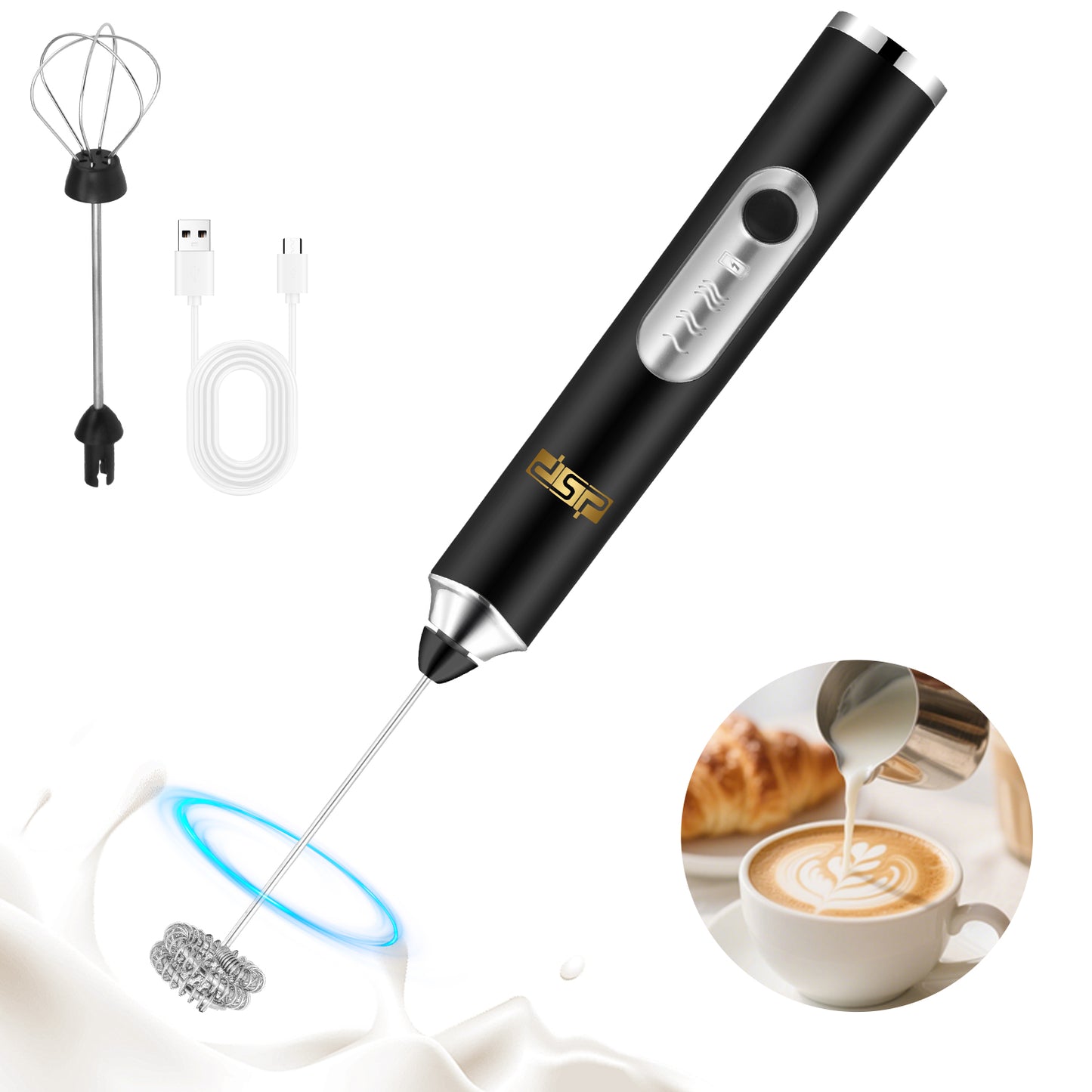 3-Speed Coffee Blender 9000RPM Stainless Steel USB Rechargeable Milk Frother Detachable Stir Eggs Mixer for Home Office Travel