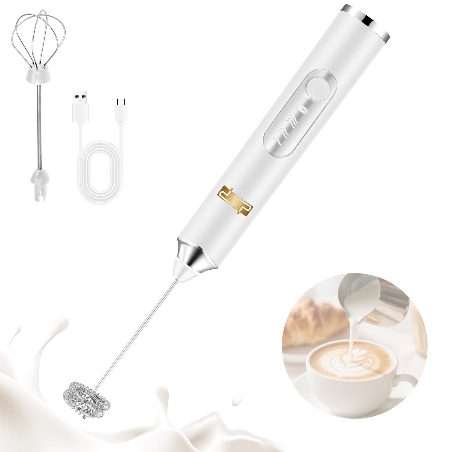 3-Speed Coffee Blender 9000RPM Stainless Steel USB Rechargeable Milk Frother Detachable Stir Eggs Mixer for Home Office Travel