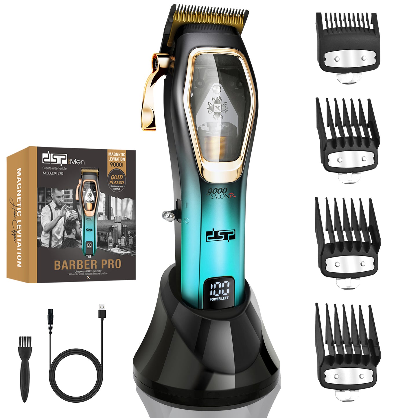 Magnetic Levitation Professional Hair Clipper with 9000RPM Motor, Gold-Titanium Blades & Digital Display, Low Noise/Skin-Friendly for Home/Salon Use