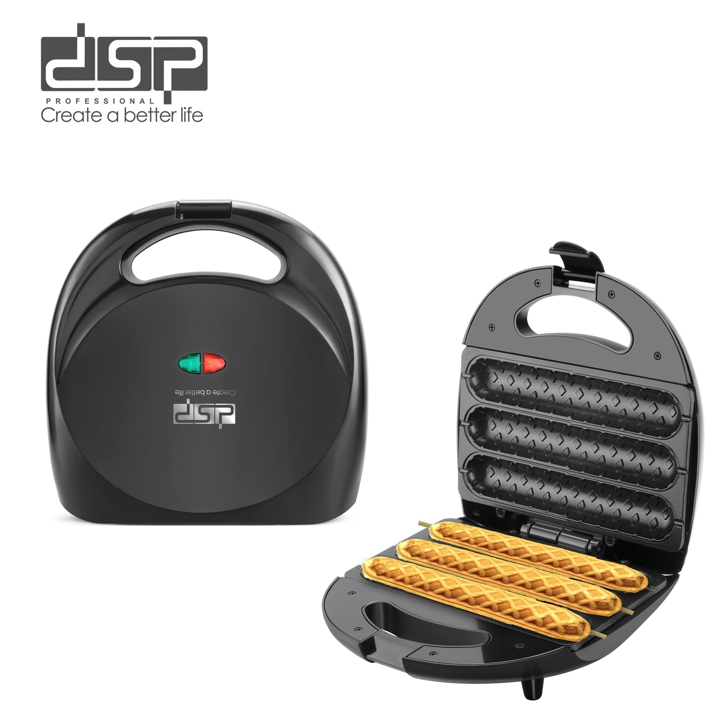 DSP Hot Dog Machine - 750W Electric Hot Cooker & Toaster with Nonstick Plate, Adjustable Temp, 3-Corn Dog Capacity, for Home Breakfast, BBQ, Quick Snacks