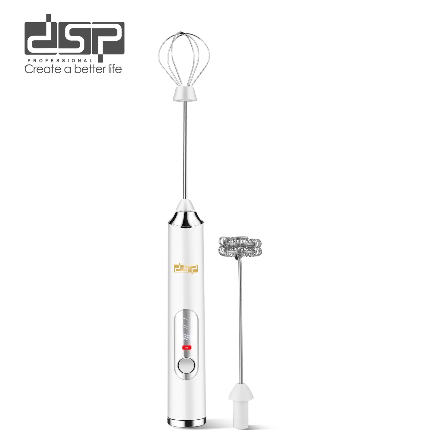 DSP Handheld Electric Milk Frother with 2 Heads, USB Rechargeable Coffee Whisk & Frother Wand, 3 Speeds Adjustable (7000-9000 RPM) for Latte, Cappuccino, Hot Chocolate & Egg Mixing (Black/White)
