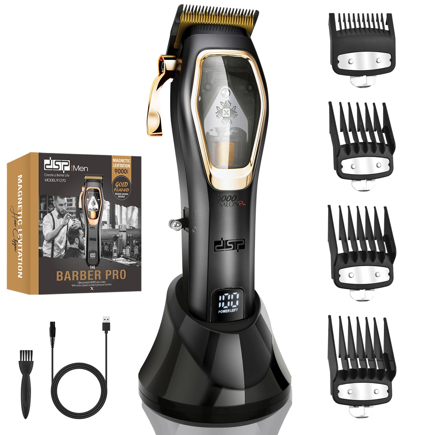 Magnetic Levitation Professional Hair Clipper with 9000RPM Motor, Gold-Titanium Blades & Digital Display, Low Noise/Skin-Friendly for Home/Salon Use