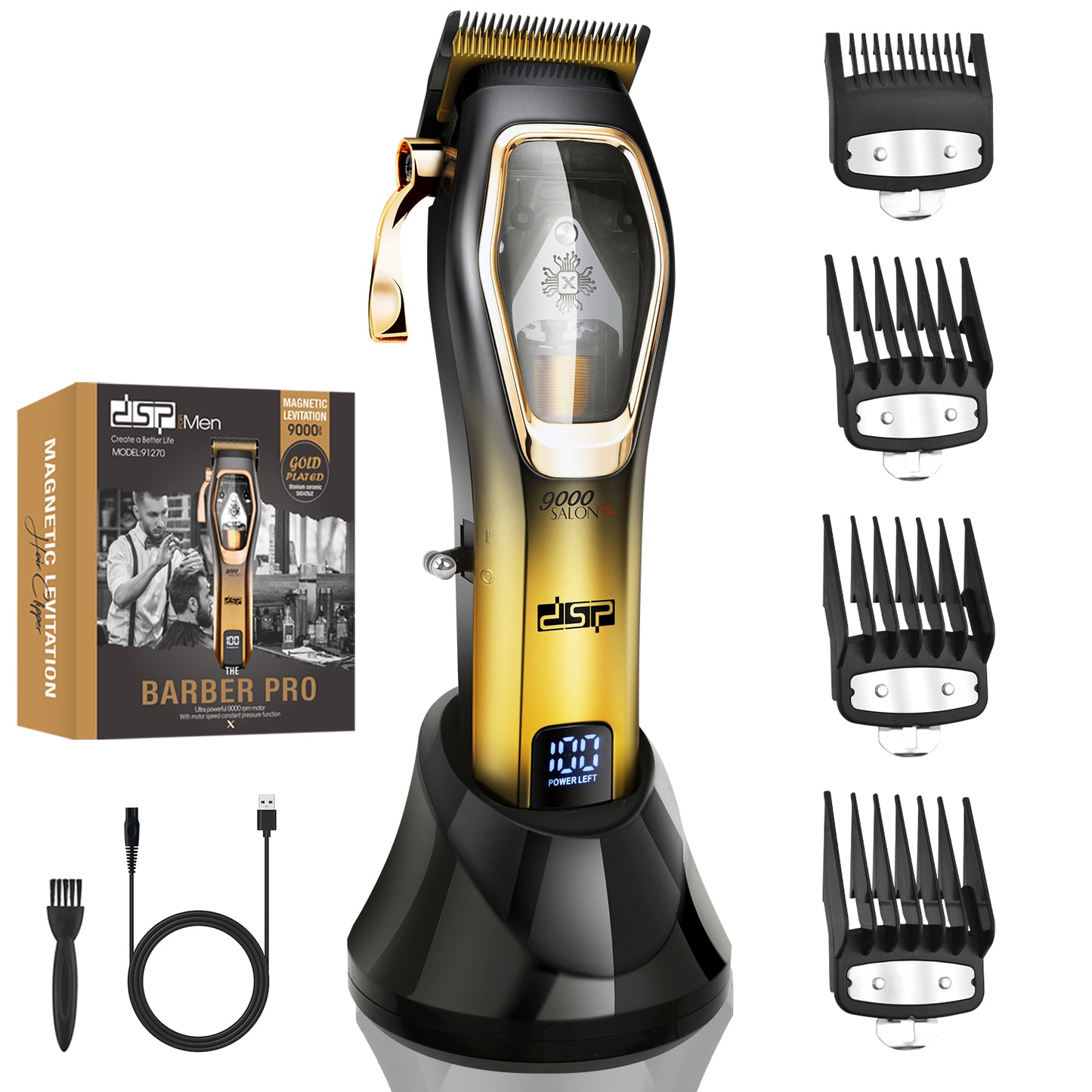 Magnetic Levitation Professional Hair Clipper with 9000RPM Motor, Gold-Titanium Blades & Digital Display, Low Noise/Skin-Friendly for Home/Salon Use
