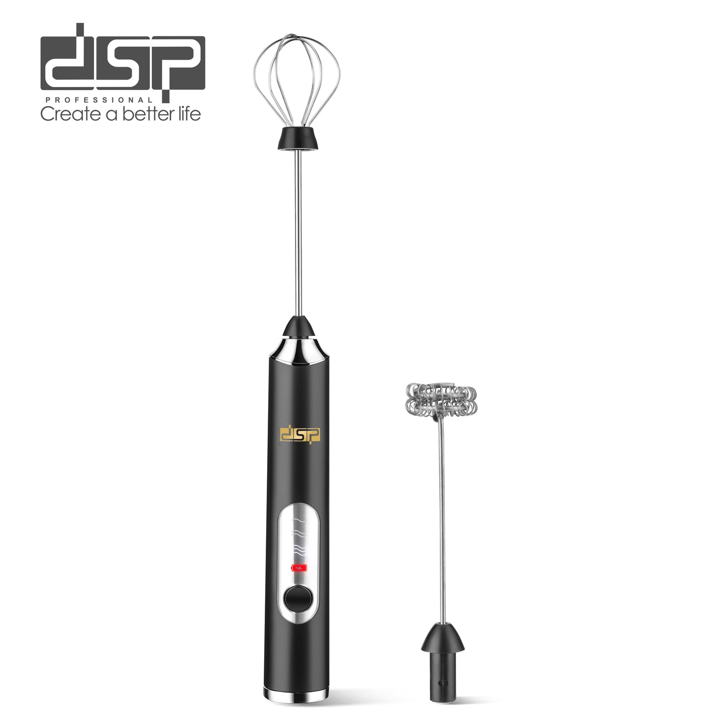 DSP Handheld Electric Milk Frother with 2 Heads, USB Rechargeable Coffee Whisk & Frother Wand, 3 Speeds Adjustable (7000-9000 RPM) for Latte, Cappuccino, Hot Chocolate & Egg Mixing (Black/White)