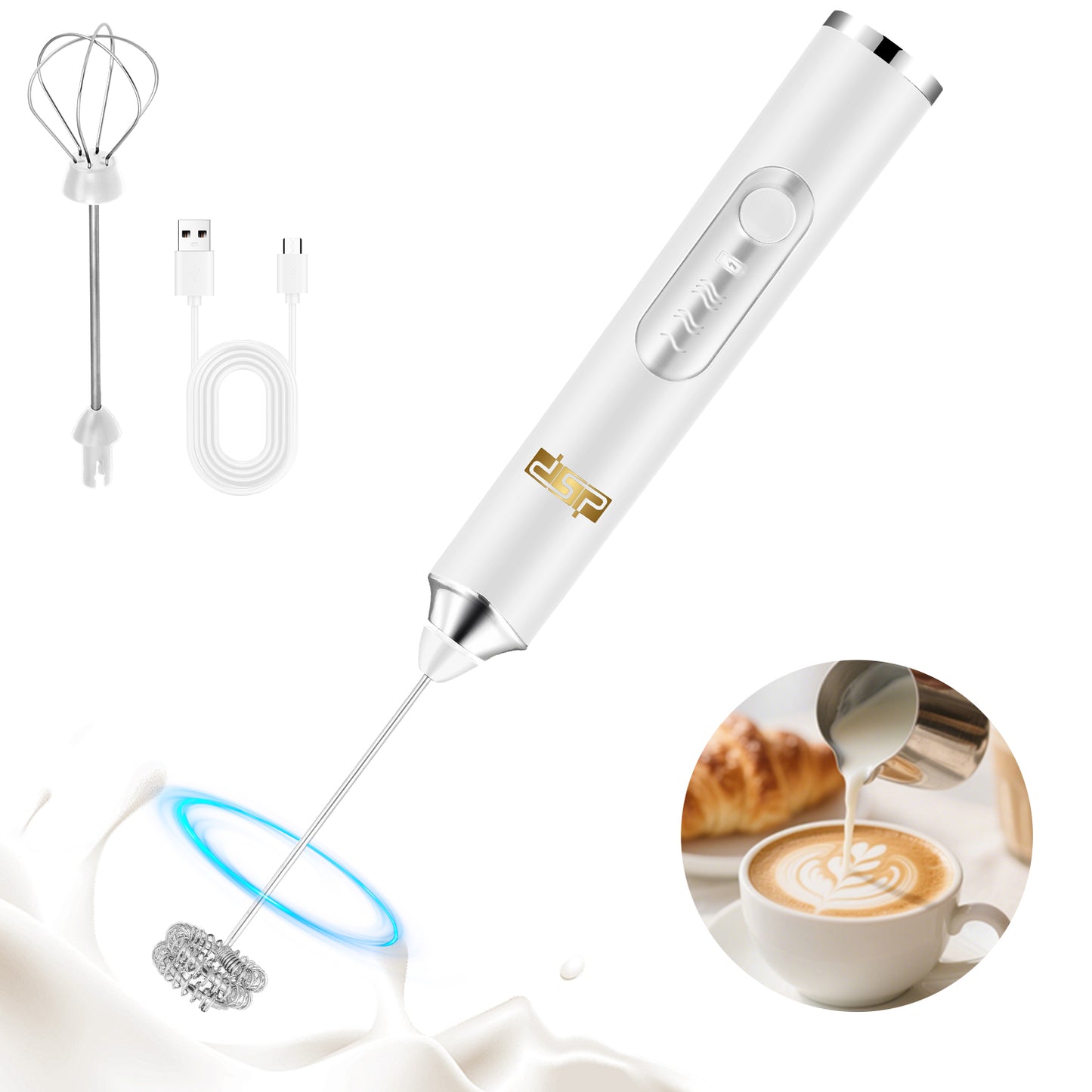 3-Speed Coffee Blender 9000RPM Stainless Steel USB Rechargeable Milk Frother Detachable Stir Eggs Mixer for Home Office Travel