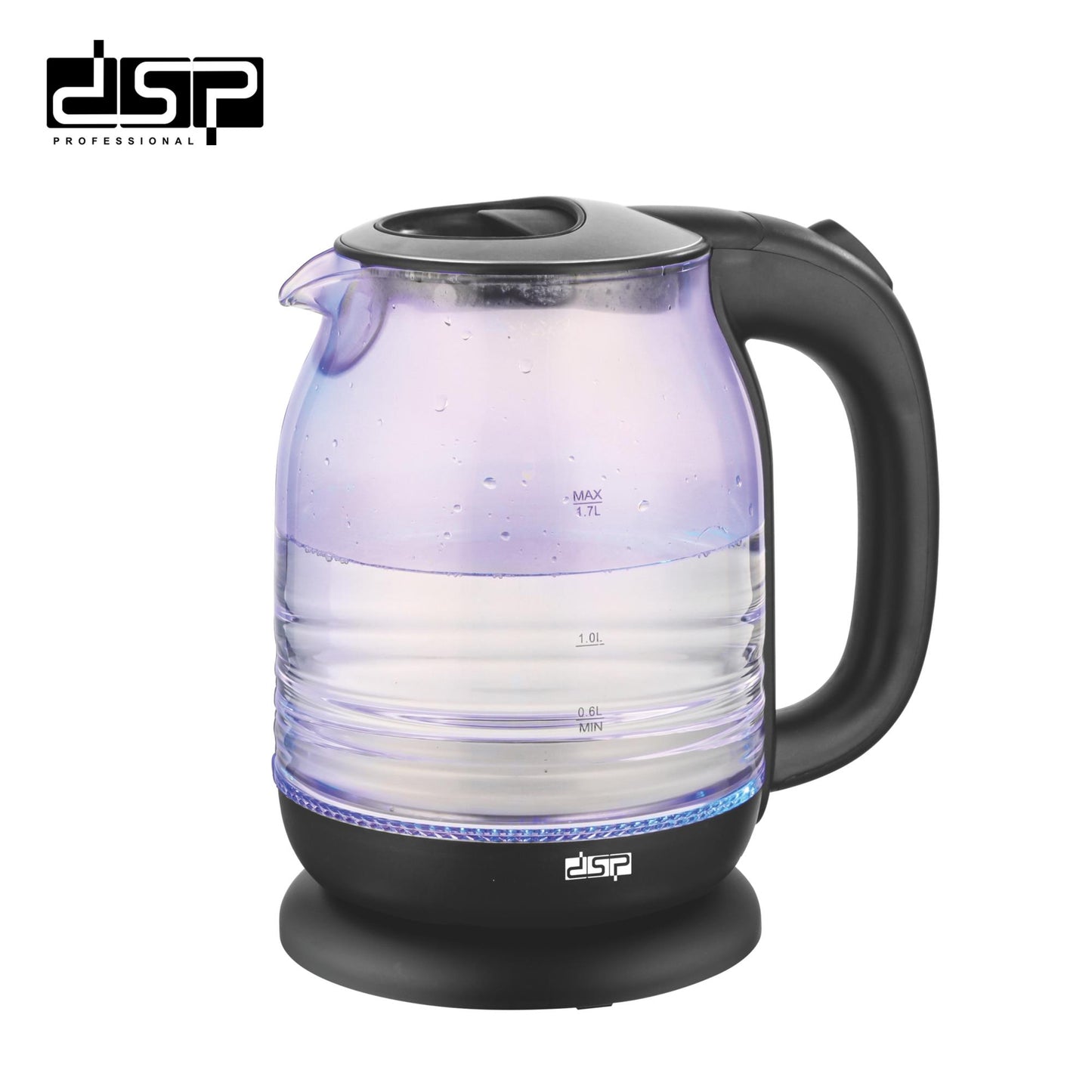 DSP Electric Kettle 1.7L Glass & Steel, Fast Boiling 2200W with Auto Shut-Off, LED Light, 360° Swivel Base – Stainless Steel Heating for Tea & Coffee