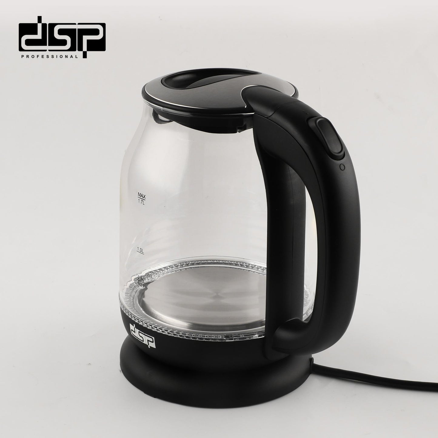 DSP Electric Kettle 1.7L Glass & Steel, Fast Boiling 2200W with Auto Shut-Off, LED Light, 360° Swivel Base – Stainless Steel Heating for Tea & Coffee