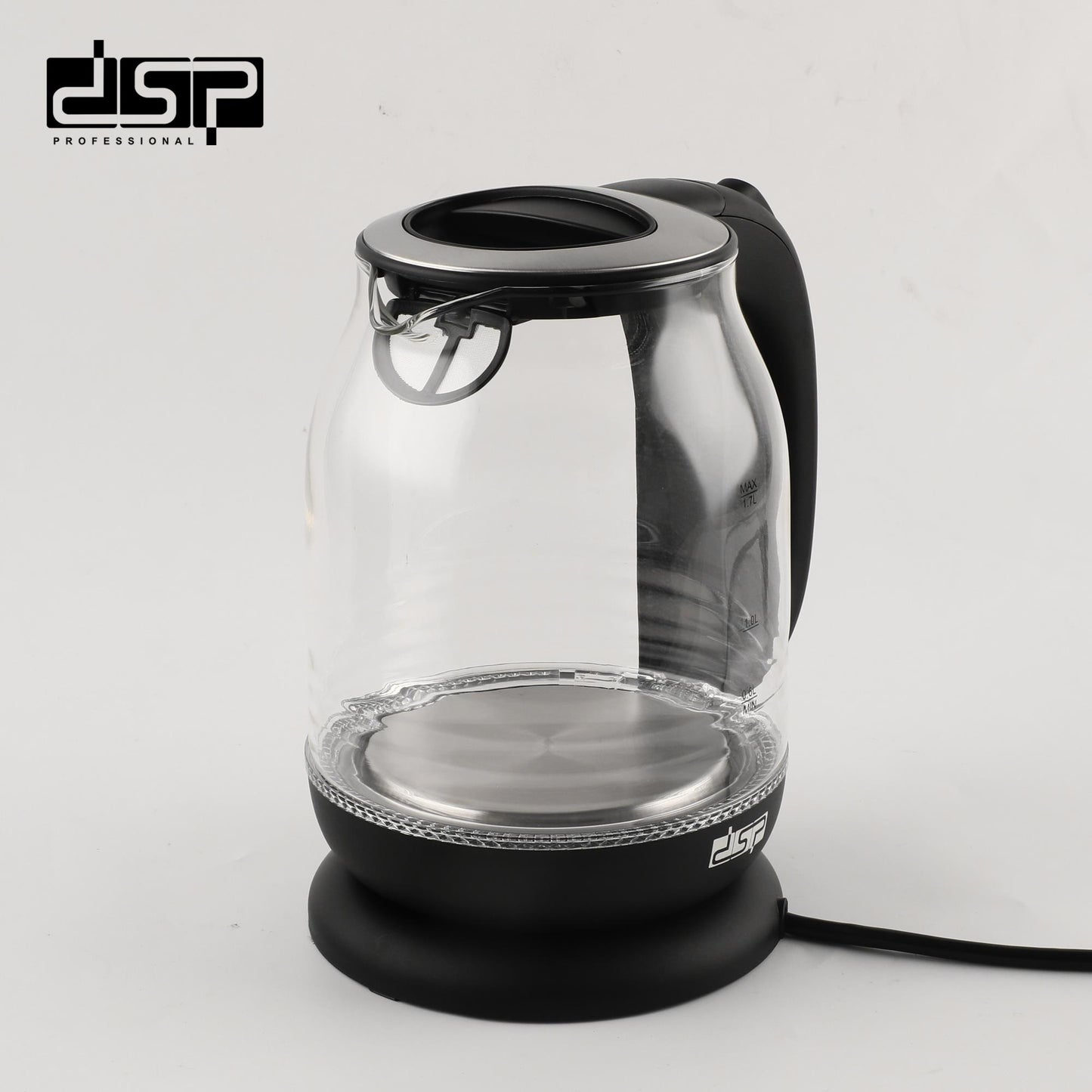 DSP Electric Kettle 1.7L Glass & Steel, Fast Boiling 2200W with Auto Shut-Off, LED Light, 360° Swivel Base – Stainless Steel Heating for Tea & Coffee