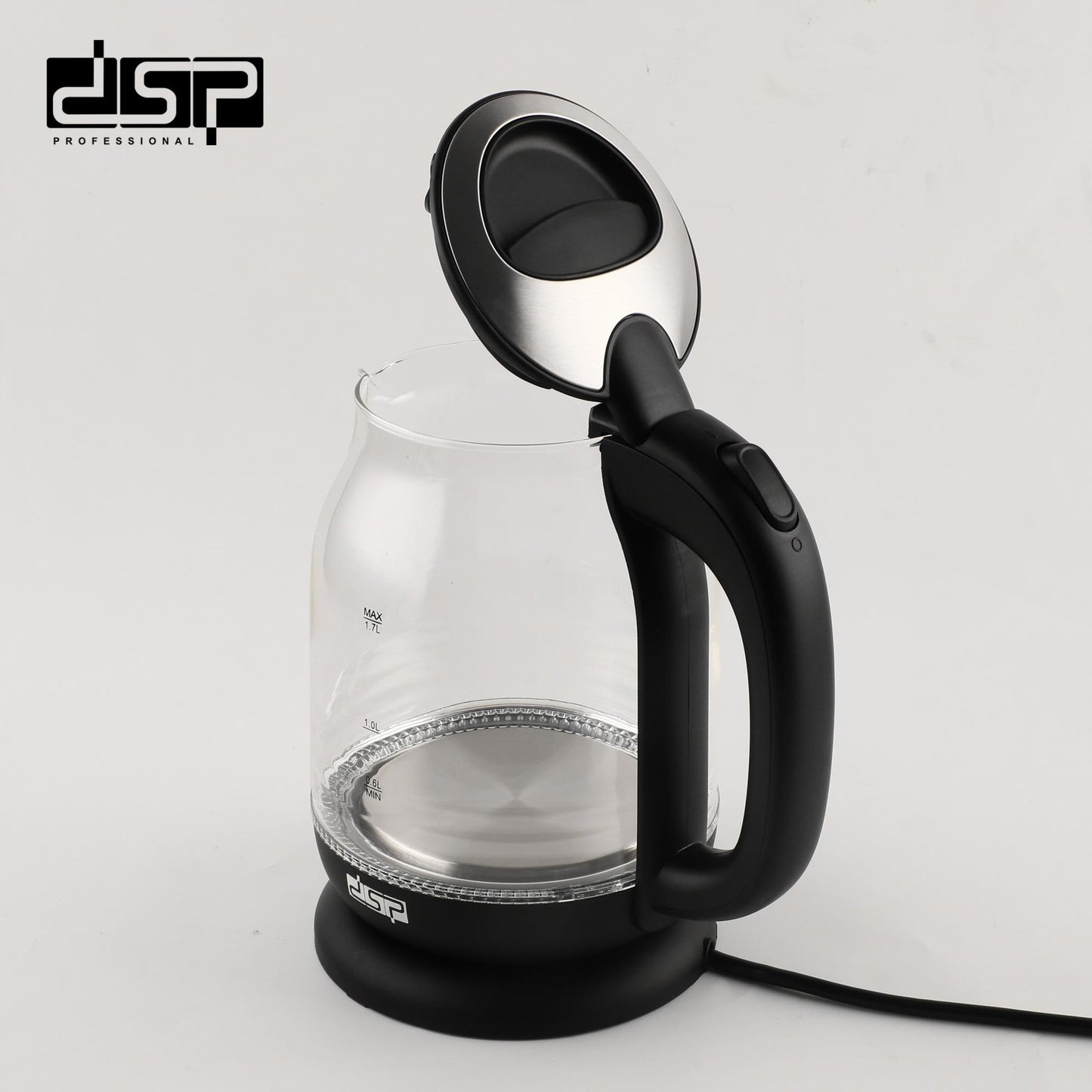 DSP Electric Kettle 1.7L Glass & Steel, Fast Boiling 2200W with Auto Shut-Off, LED Light, 360° Swivel Base – Stainless Steel Heating for Tea & Coffee