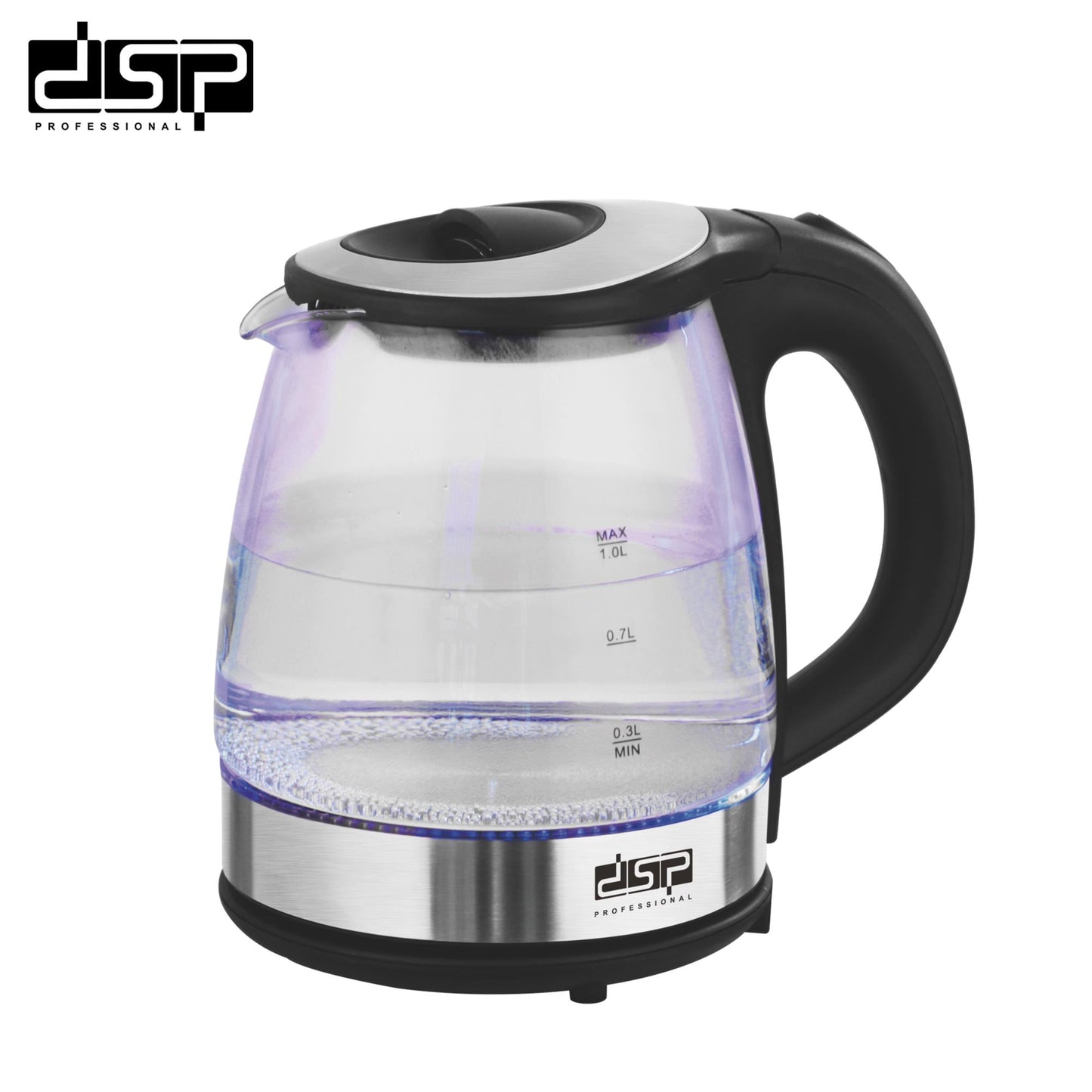 DSP Electric Kettle 1.0L, Stainless Steel & Glass Water Kettle with LED Light, 1000-1200W Fast Boiling, Auto Shut-Off & Boil-Dry Protection, 360°Rotatable Base for Home Kitchen (220-240V)