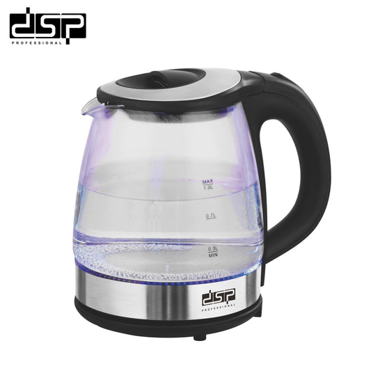 DSP Electric Kettle 1.0L, Stainless Steel & Glass Water Kettle with LED Light, 1000-1200W Fast Boiling, Auto Shut-Off & Boil-Dry Protection, 360°Rotatable Base for Home Kitchen (220-240V)