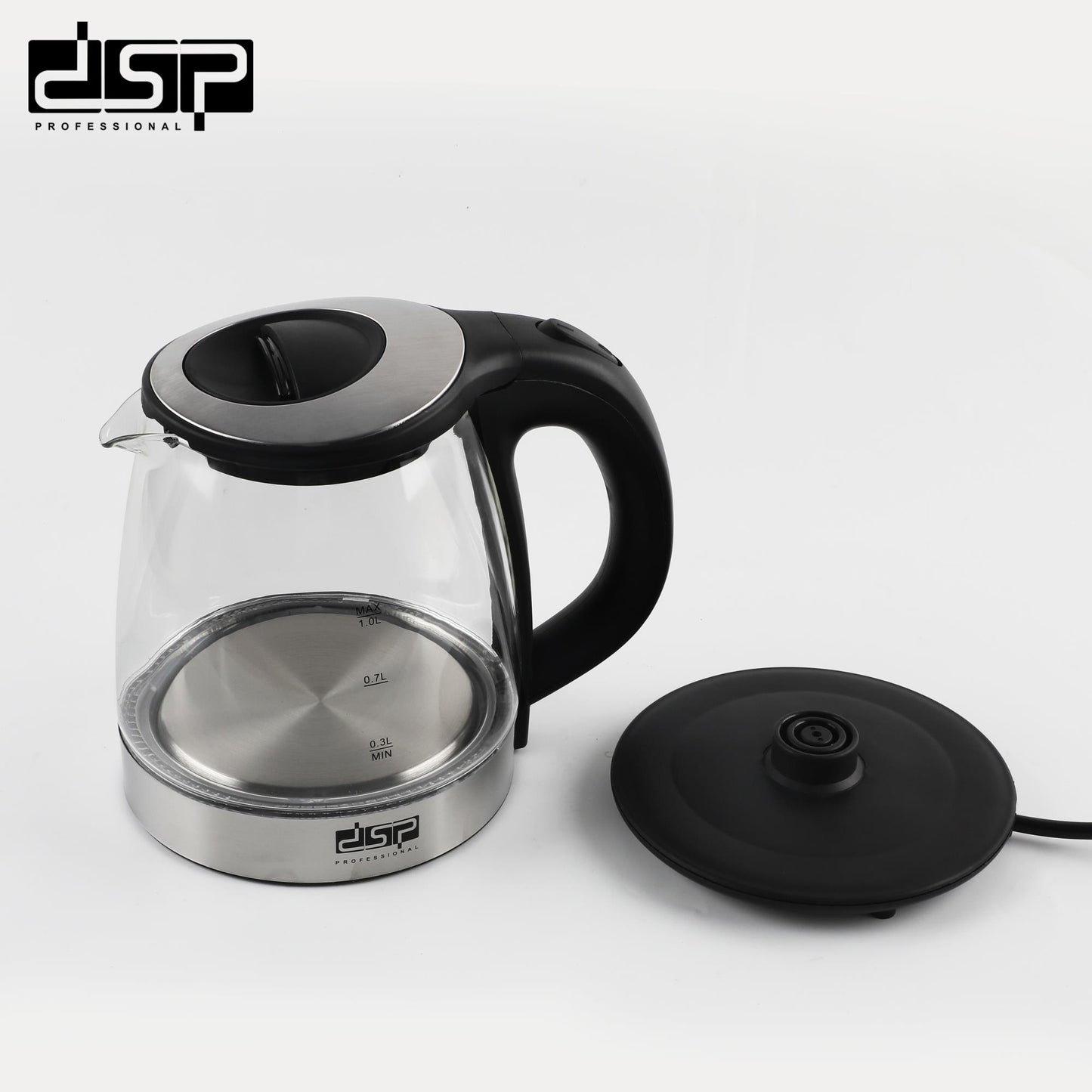 DSP Electric Kettle 1.0L, Stainless Steel & Glass Water Kettle with LED Light, 1000-1200W Fast Boiling, Auto Shut-Off & Boil-Dry Protection, 360°Rotatable Base for Home Kitchen (220-240V)