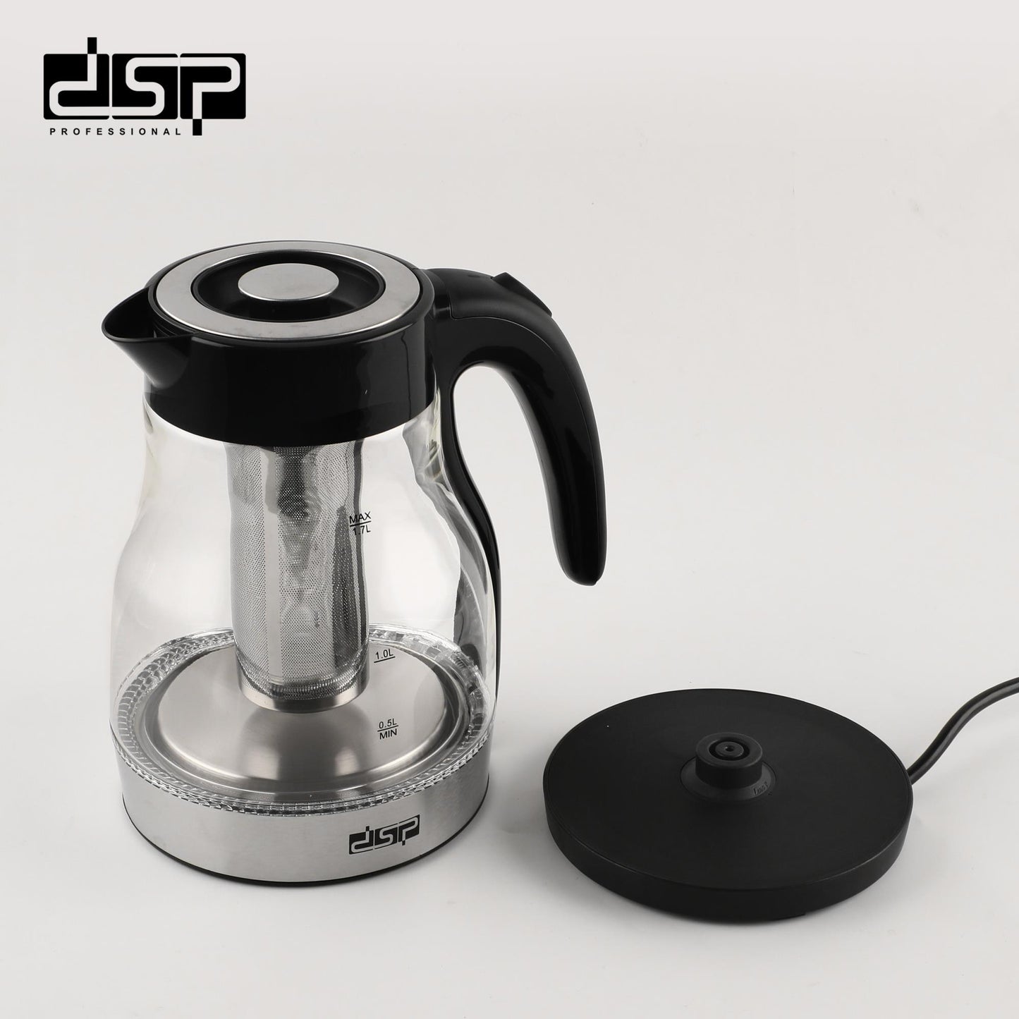 DSP Electric Kettle 1.7L - Fast Boiling Water Boiler & Tea Kettle with Auto Shut-Off, Borosilicate Glass, 2200W, LED Light, 360° Rotatable Base & Boil-Dry Protection