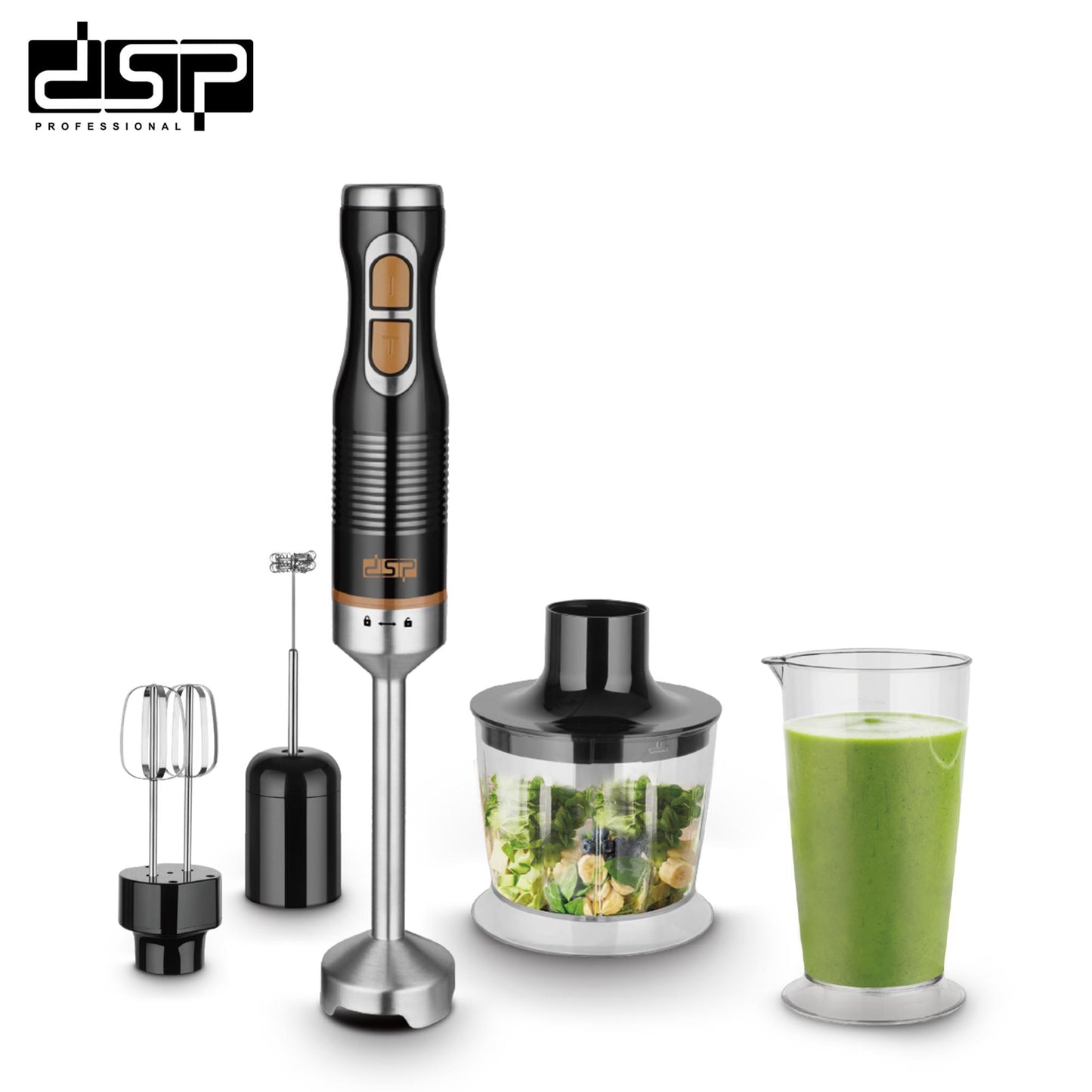 DSP 5 in 1 Immersion Blender Set, 1000W Handheld Stick Blender with Variable Speed, Stainless Steel Blades, 700ml Measuring Cup, Meat Grinder & Milk Frother – Perfect for Smoothies, Soups & Baby Food