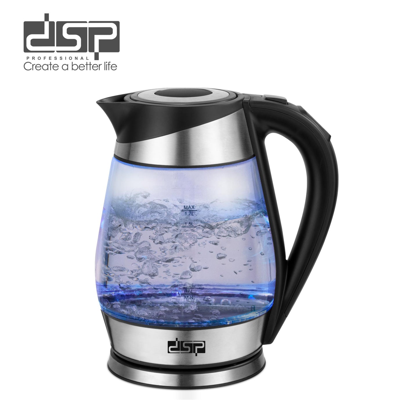 DSP Electric Kettle - 1.7L Glass & Stainless Steel Rapid Boil Electric Tea Kettle with Auto Shut-Off, 5 Temperature Settings, Keep Warm & Dry Boil Protection (2200W, Cordless & Removable Strainer)