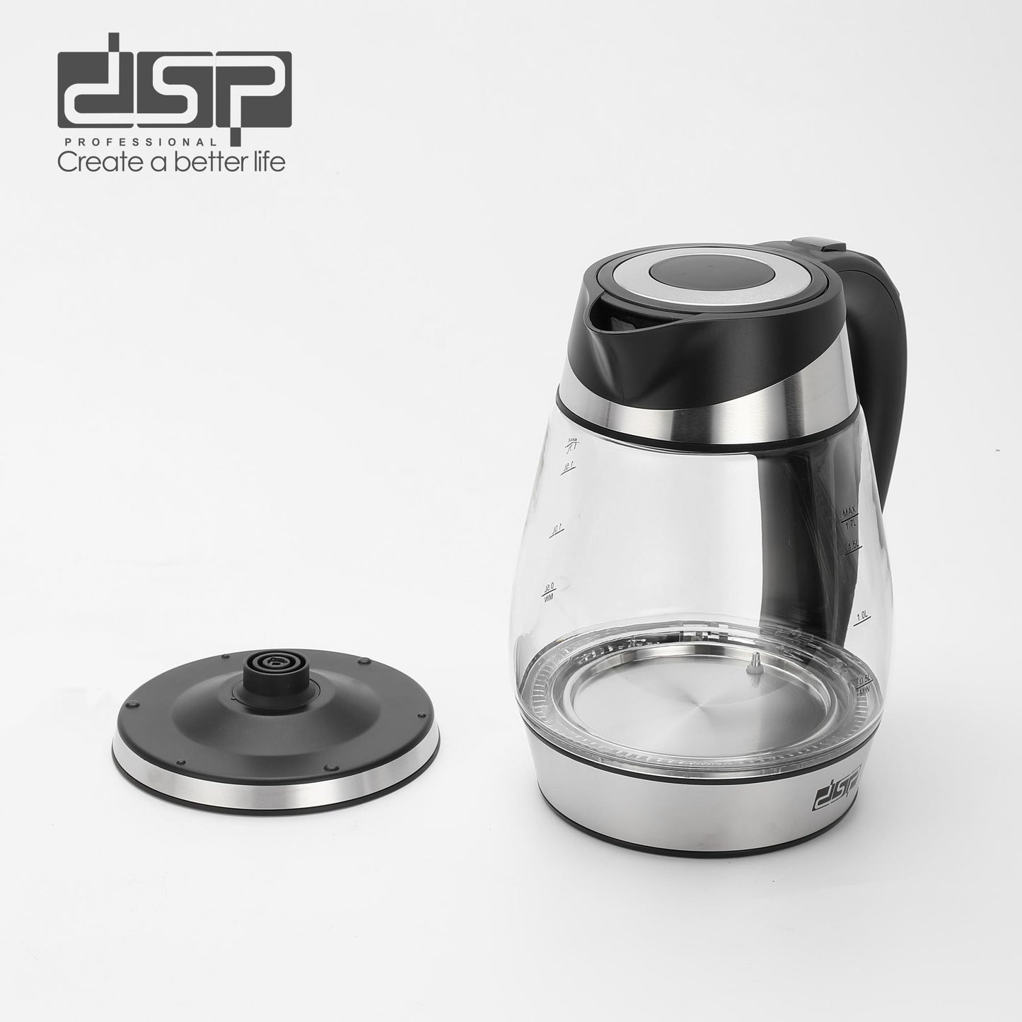 DSP Electric Kettle - 1.7L Glass & Stainless Steel Rapid Boil Electric Tea Kettle with Auto Shut-Off, 5 Temperature Settings, Keep Warm & Dry Boil Protection (2200W, Cordless & Removable Strainer)