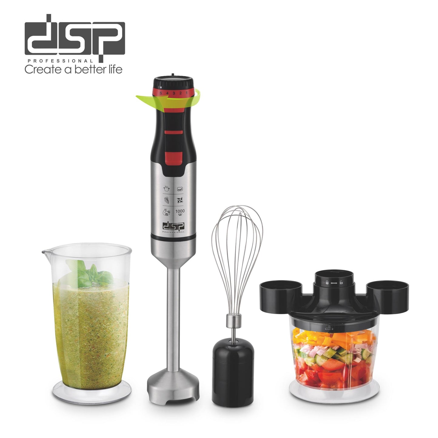 DSP 5 in 1 Immersion Blender Handheld, 1000W Stick Blender with Turbo Function, 4 Stainless Steel Blades, Variable Speed, Detachable Accessories (700ml Cup, Whisk, Grinder) for Soup, Baby Food – Corded