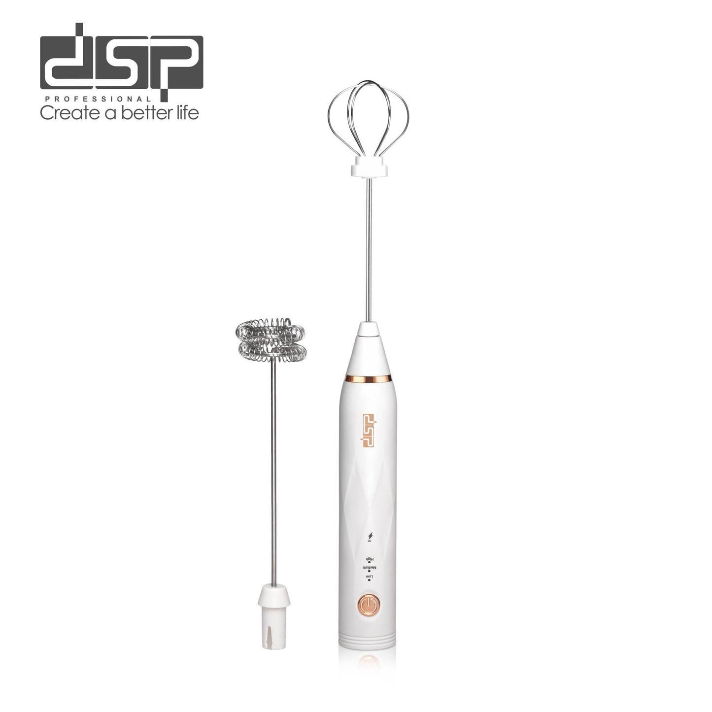 DSP Handheld Milk Frother for Coffee, USB Rechargeable Electric Mixer with 2 Stirring Rods & 3 Speeds (5800-12000 RPM) - Silent Frother Wand for Latte, Cappuccino, Hot Chocolate, Protein Shake