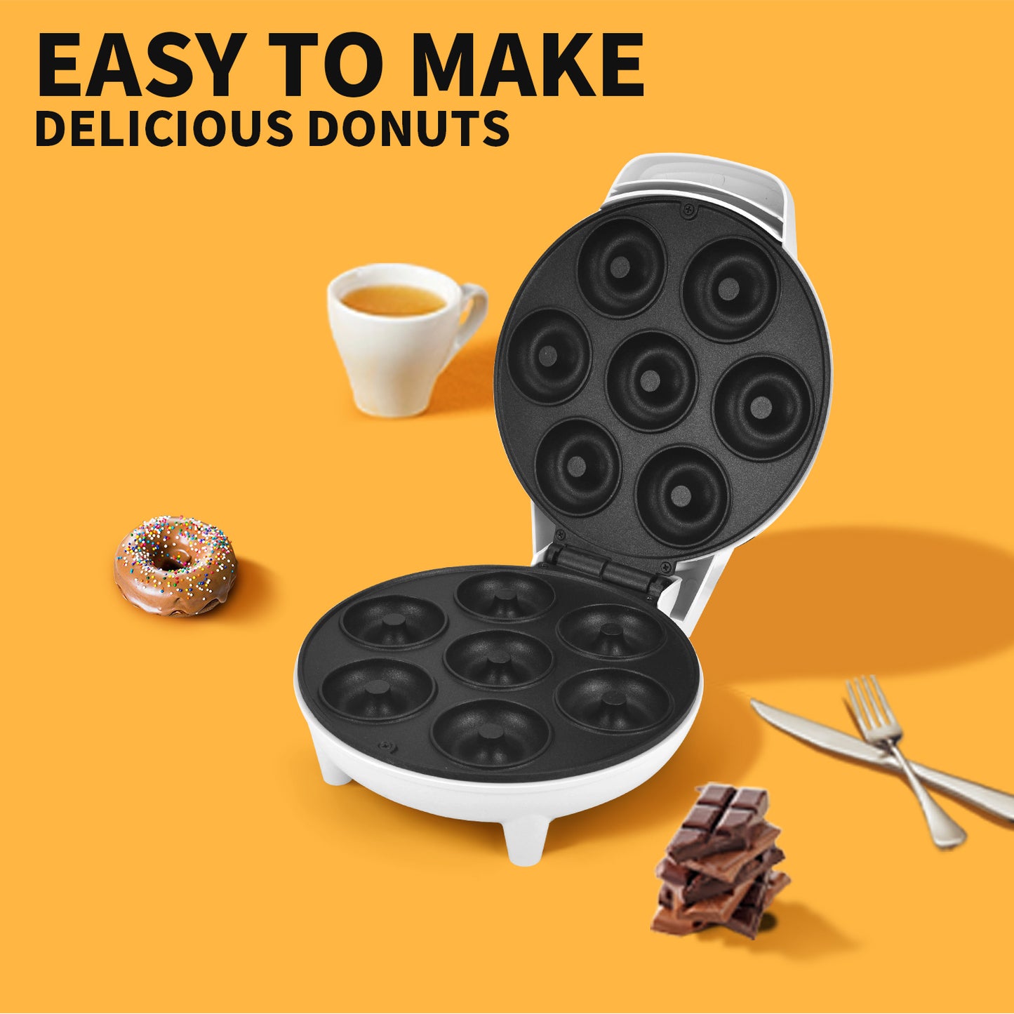 750W Professional Donut Maker with 7 Non-Stick Molds, Thermostatic Control & Cool-Touch Housing, Perfect for Homemade Snacks/Kids Parties