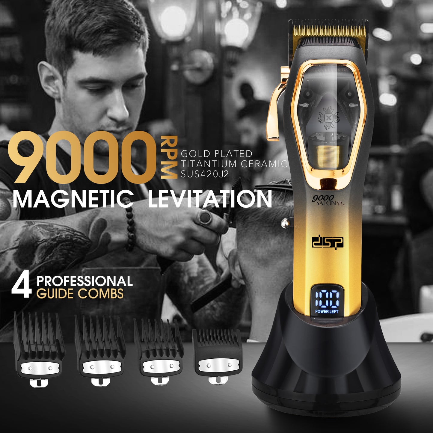 Magnetic Levitation Professional Hair Clipper with 9000RPM Motor, Gold-Titanium Blades & Digital Display, Low Noise/Skin-Friendly for Home/Salon Use