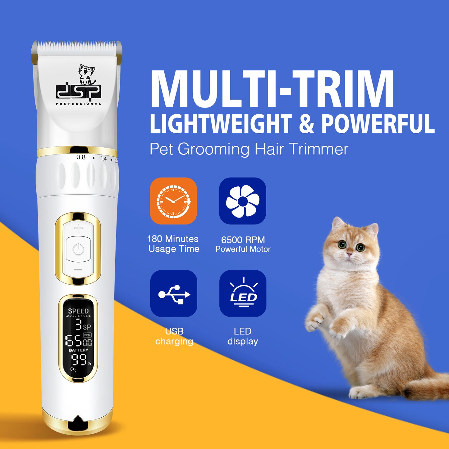 Low Noise Pet Grooming Clipper Titanium Ceramic Blades 6500RPM 3H Runtime 5 Guards Kit USB Charging Home Professional Use