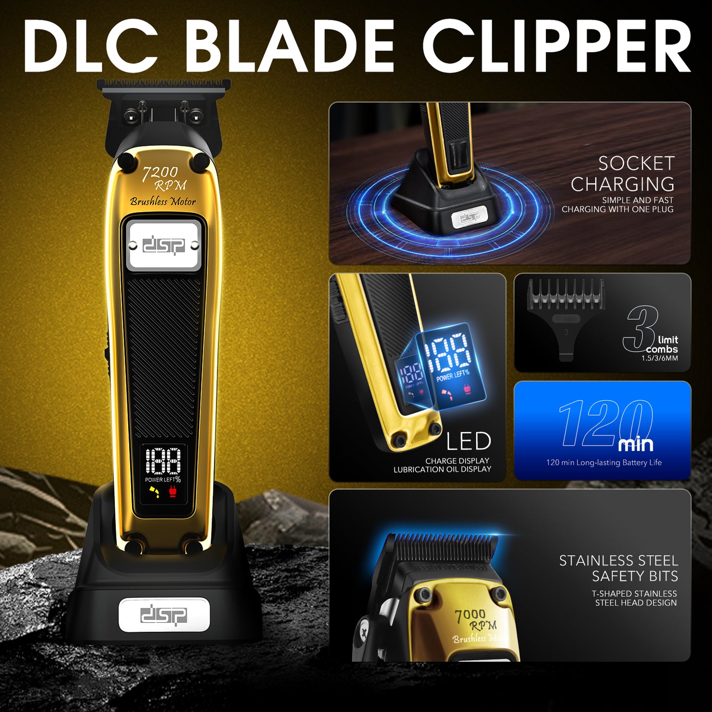 Pro Grooming Brushless Hair Trimmer 7200RPM DLC+Ceramic Blades LED Display 3 Limit Combs Skin-Safe 120Min Runtime for Men's Beard & Body Hair Care