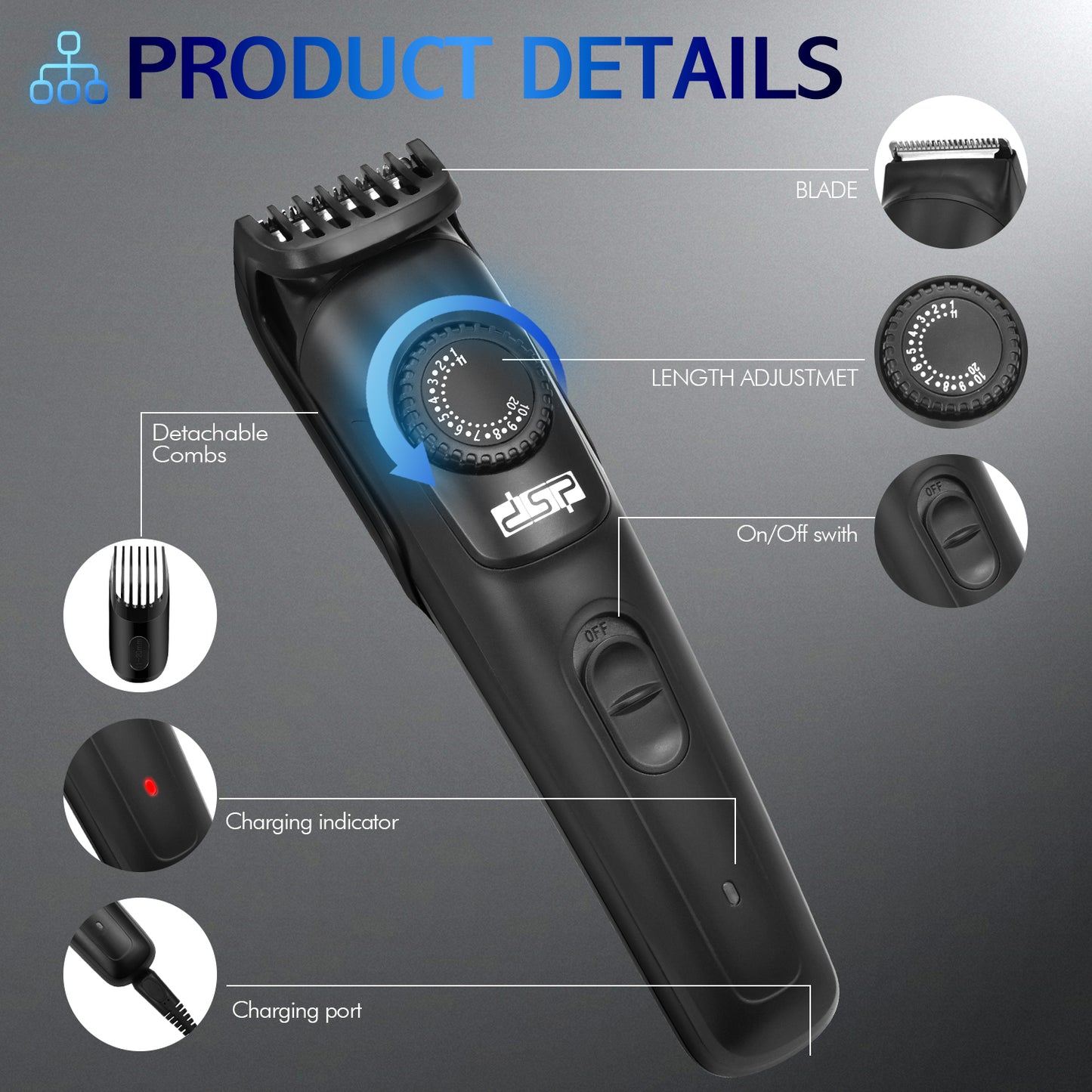 USB Rechargeable Hair Clipper, Gentle Precision Cutting with 2 Combs & Care Kit, Safe & Quiet Trimming