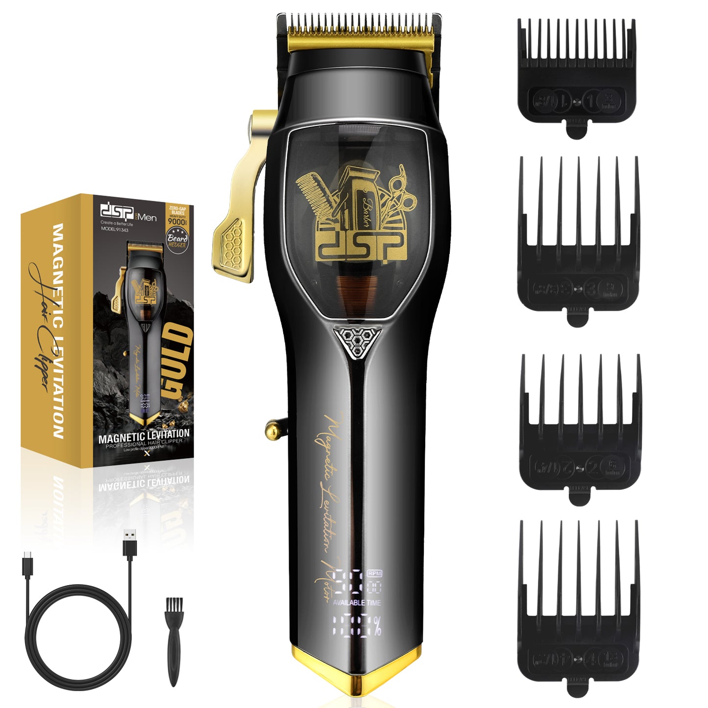 9000RPM Magnetic Levitation Professional Hair Clipper, 2500mAh DLC Blade 4 Combs Kit, Digital Display