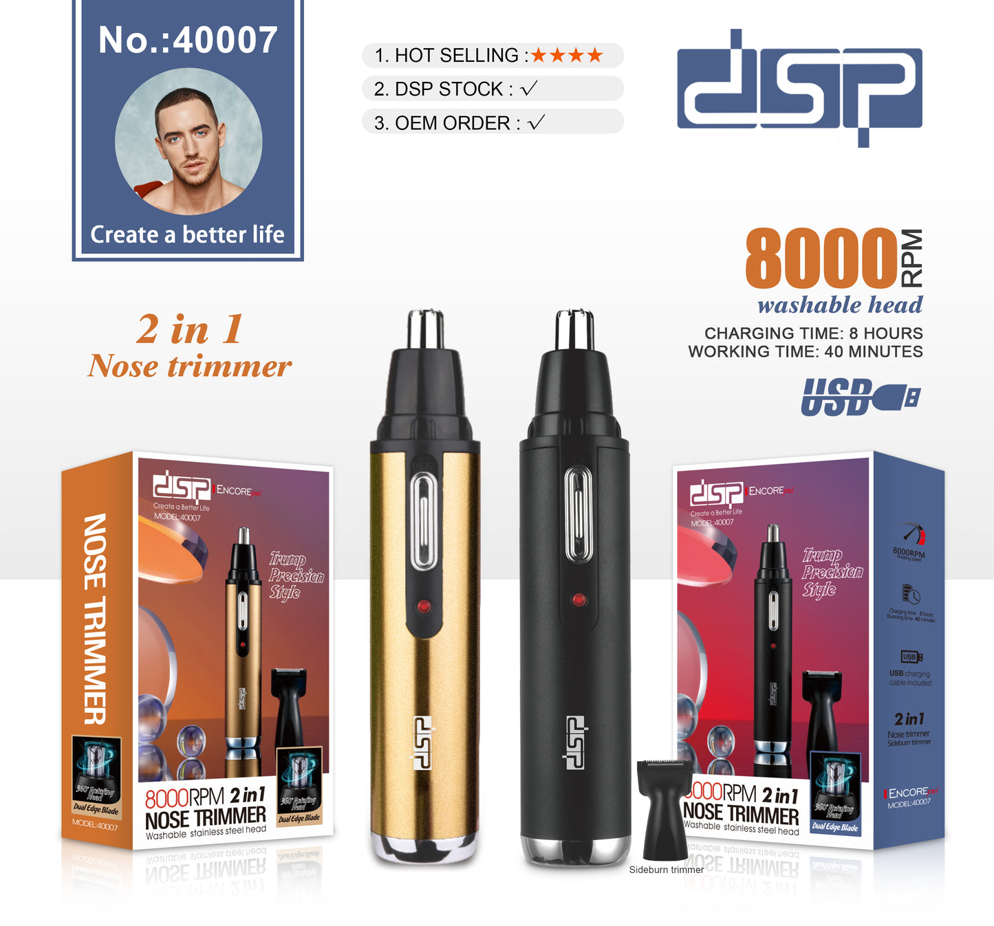 DSP Hot Seller USB Nose Trimmer 8000RPM 40Min Runtime with Trimmer & Brush for Men's Precision Grooming Travel Home