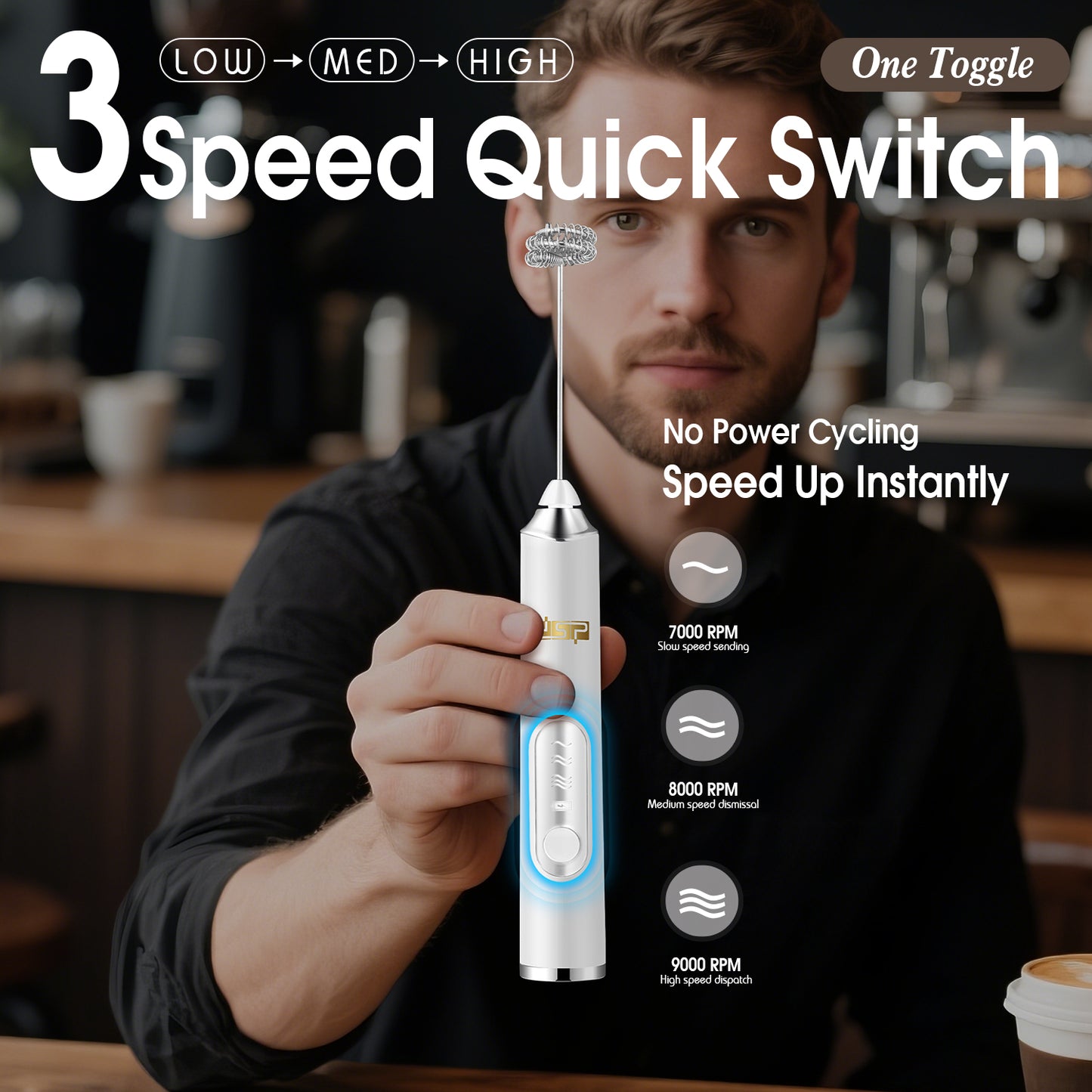 3-Speed Coffee Blender 9000RPM Stainless Steel USB Rechargeable Milk Frother Detachable Stir Eggs Mixer for Home Office Travel