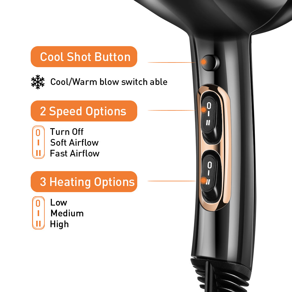 DSP Hot Seller 1600W Hair Dryer AC5413 Copper Motor 2 Speed Temp Cold Air 17000RPM 360° Cord Hook for Gentle Styling Home & Salon