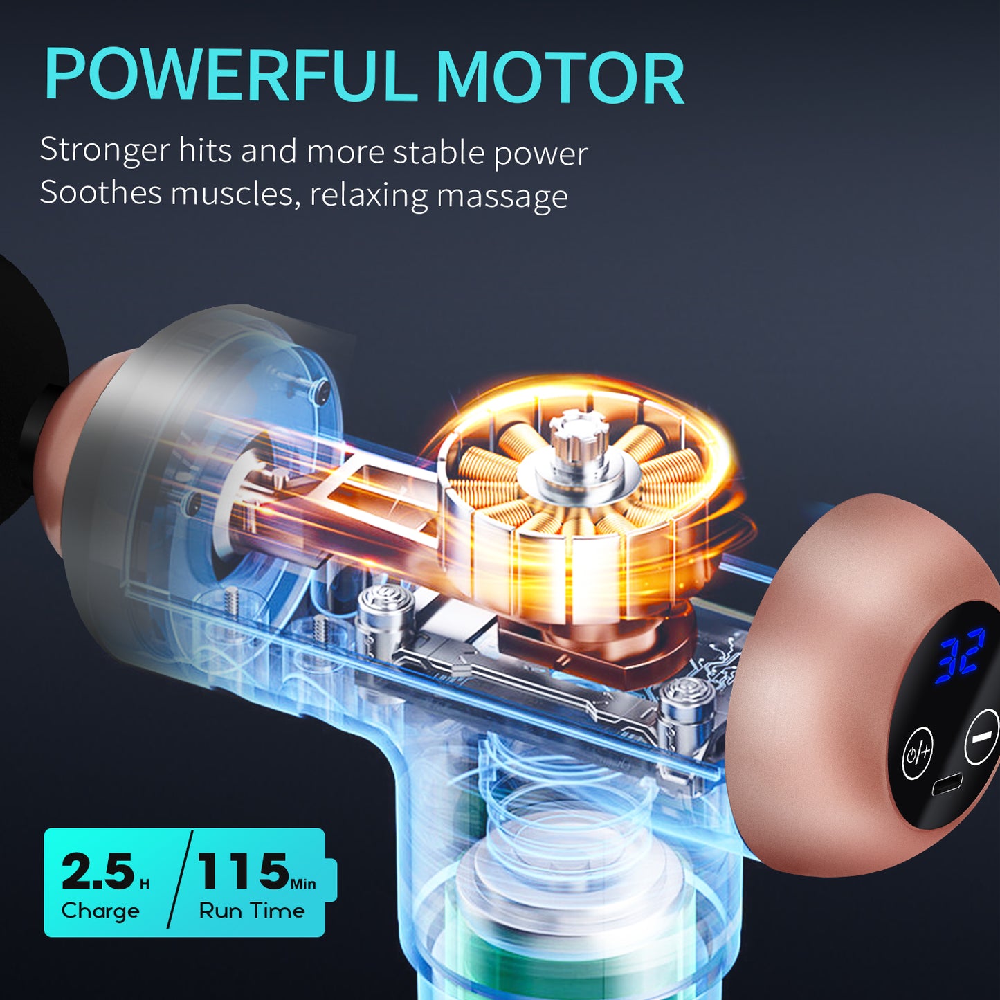 Dual 18650 Battery 24W  Professional Massage Gun, 3000RPM Deep Tissue with 32 Speeds & 4 Attachments for Home Muscle Recovery