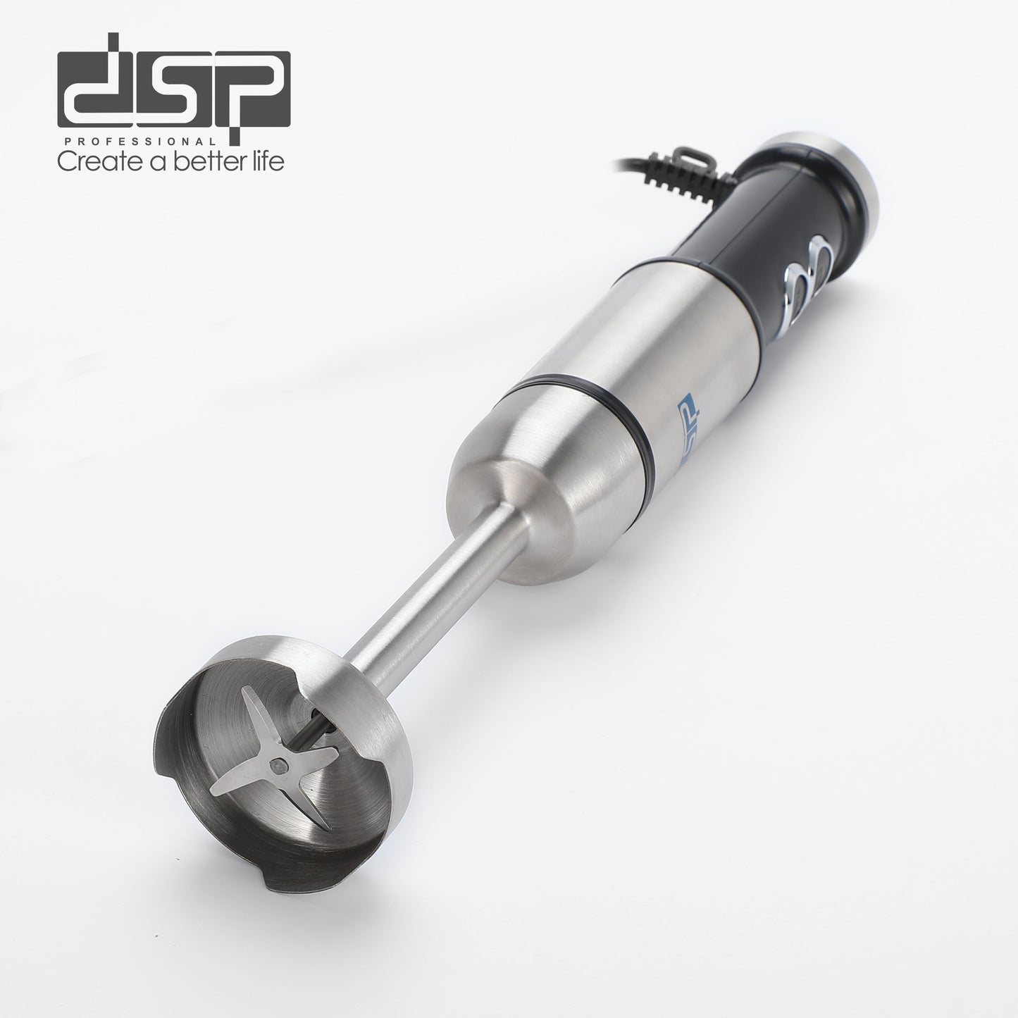 DSP 1500W Immersion Blender Handheld Cordless - Powerful Electric Mixer with Turbo Function, 2-Speed Control & Detachable Stainless Steel Rod, Ideal for Smoothies, Soup, Puree (Blue Light Ring)