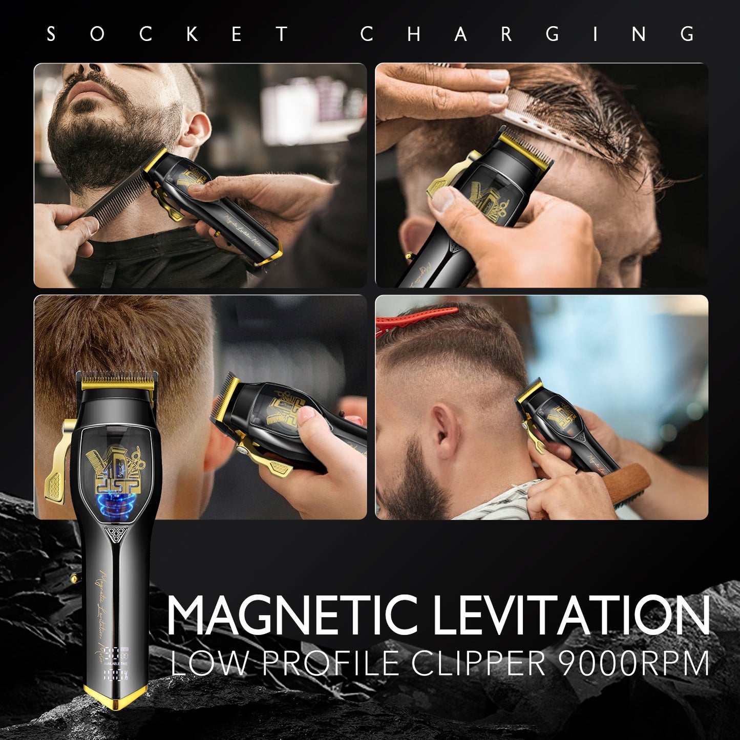 9000RPM Magnetic Levitation Professional Hair Clipper, 2500mAh DLC Blade 4 Combs Kit, Digital Display