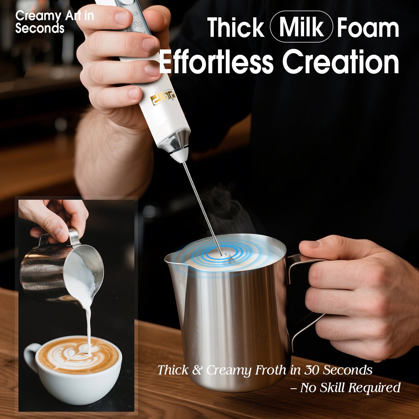 3-Speed Coffee Blender 9000RPM Stainless Steel USB Rechargeable Milk Frother Detachable Stir Eggs Mixer for Home Office Travel