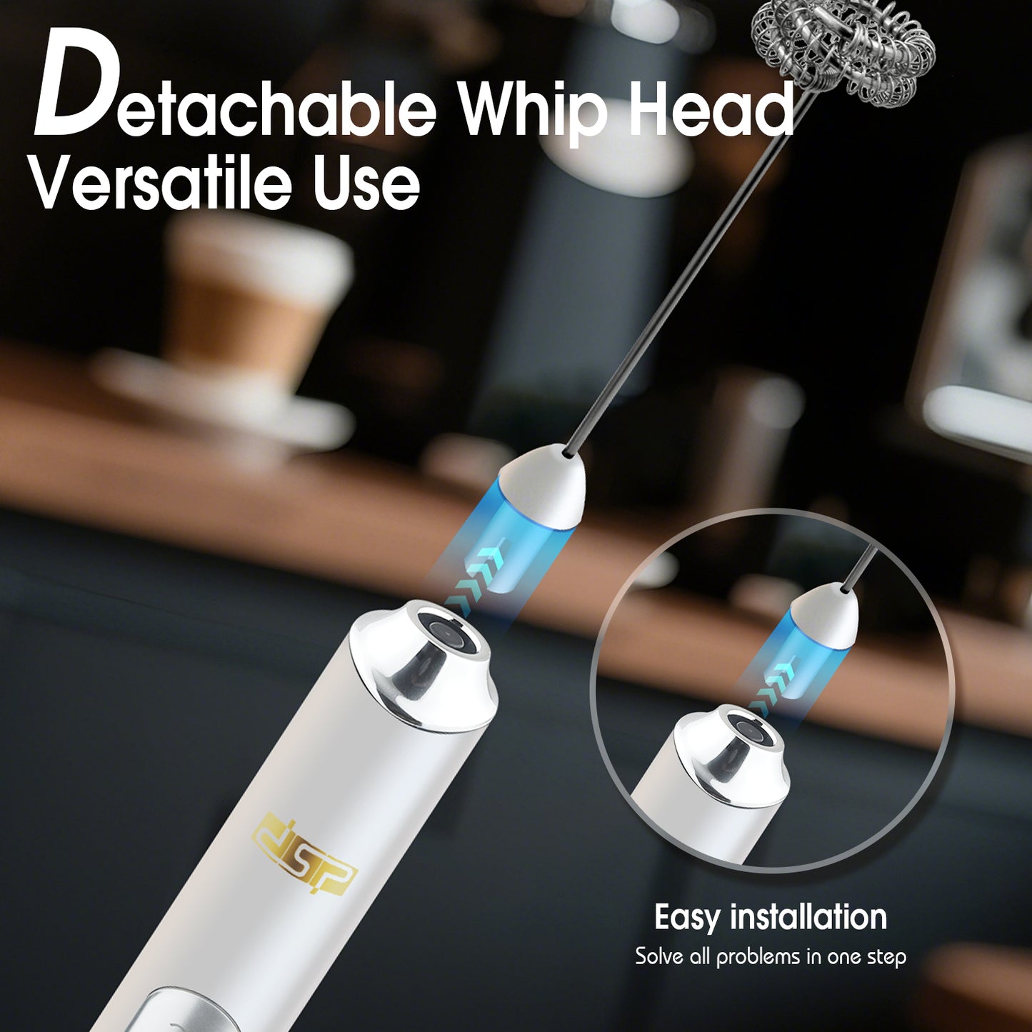 3-Speed Coffee Blender 9000RPM Stainless Steel USB Rechargeable Milk Frother Detachable Stir Eggs Mixer for Home Office Travel