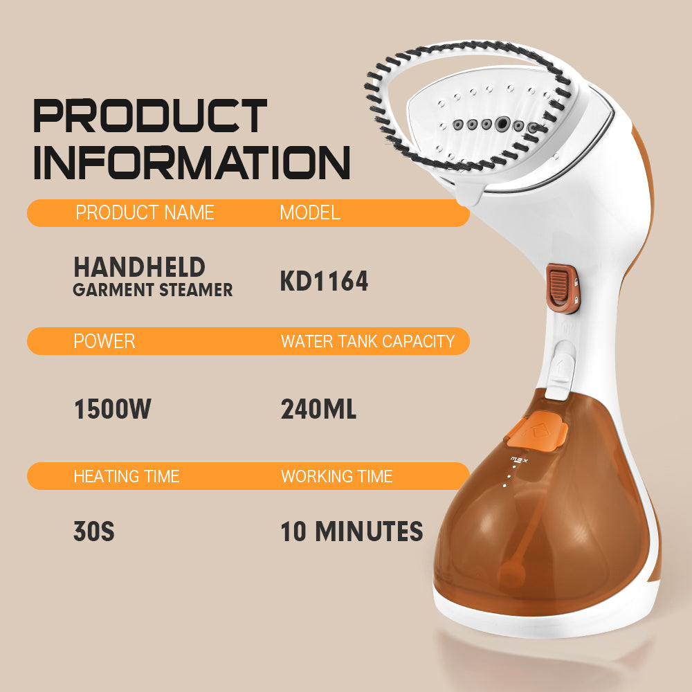 1500W Handheld Garment Steamer, 20-25g/min Continuous Steam & 3-in-1 Ironing with Removable Brush for Fast Wrinkle Removal