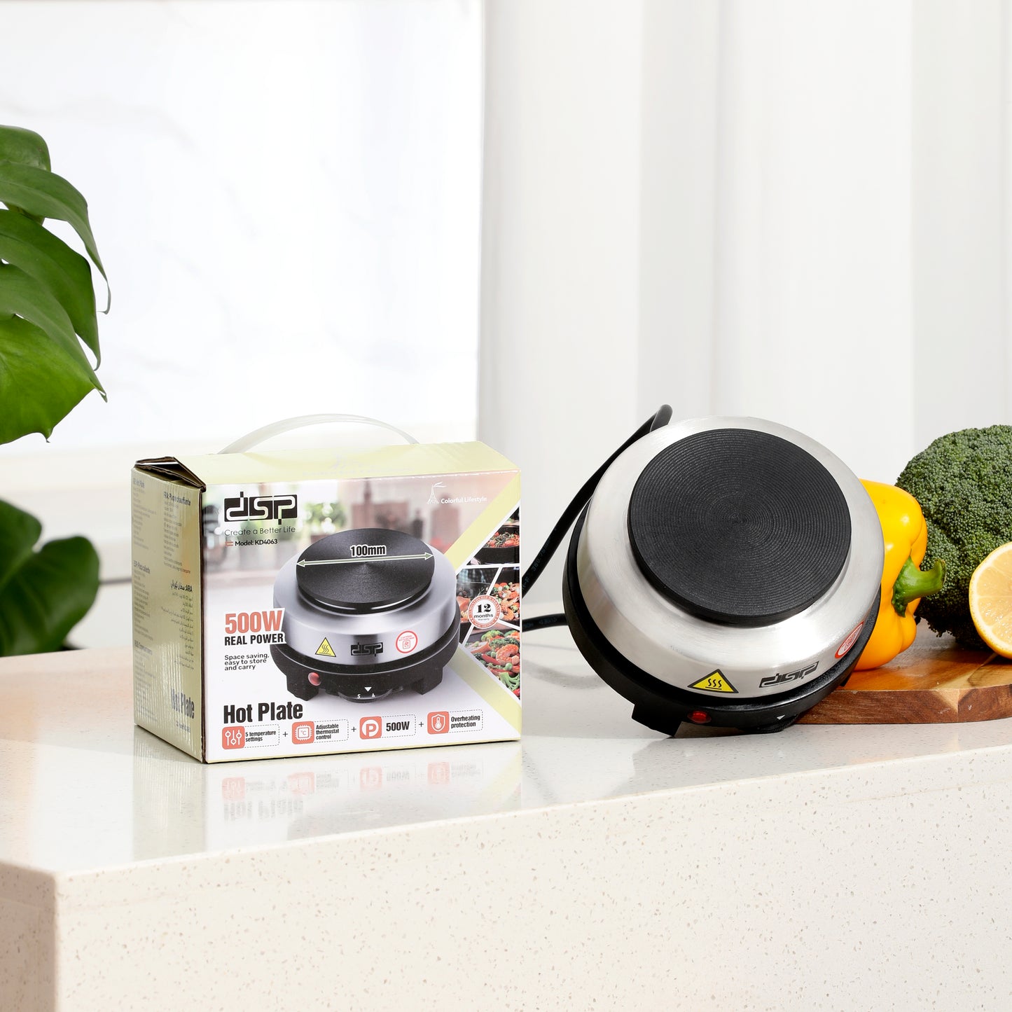 DSP Hot Plate Electric - 500W Single Burner Stove with Adjustable Thermostat, 5 Heat Settings, Overheating Protection, Compact & Portable for Home, Office, Camping (220-240V)