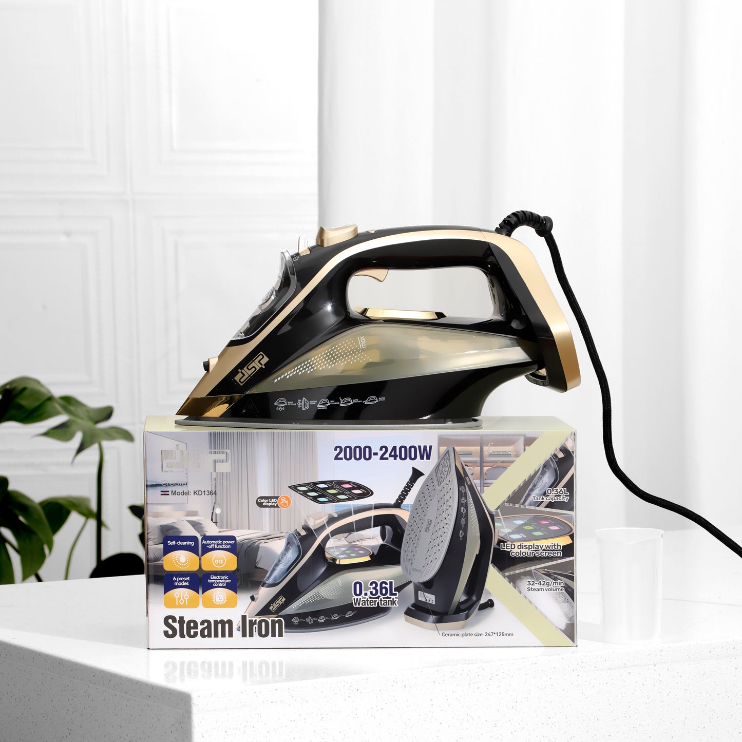 DSP 2400W Steam Iron for Clothes, Ceramic Soleplate, 360ml Tank, 32-42g/min Steam, Spray/Burst/Continuous Steam, Self-Clean, Auto Shut-Off, Retractable Cord, 6 Preset Modes for All Fabrics