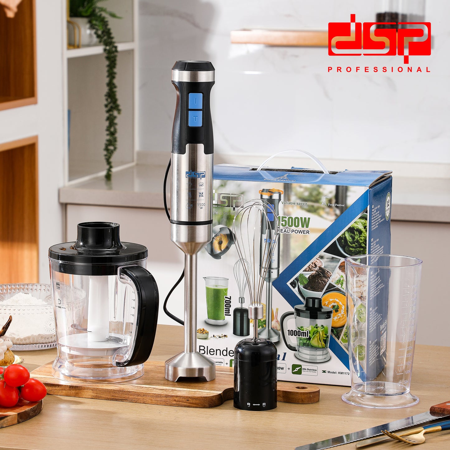 DSP 3 in 1 Immersion Blender Handheld, 1500W Pure Copper Motor, Variable Speed Control, Detachable Stainless Steel Blades, Includes Egg-Beater, 700ml Measuring Cup & 1.0L Meat Grinder – Perfect for Soup, Smoothies, Baby Food (220-240V)