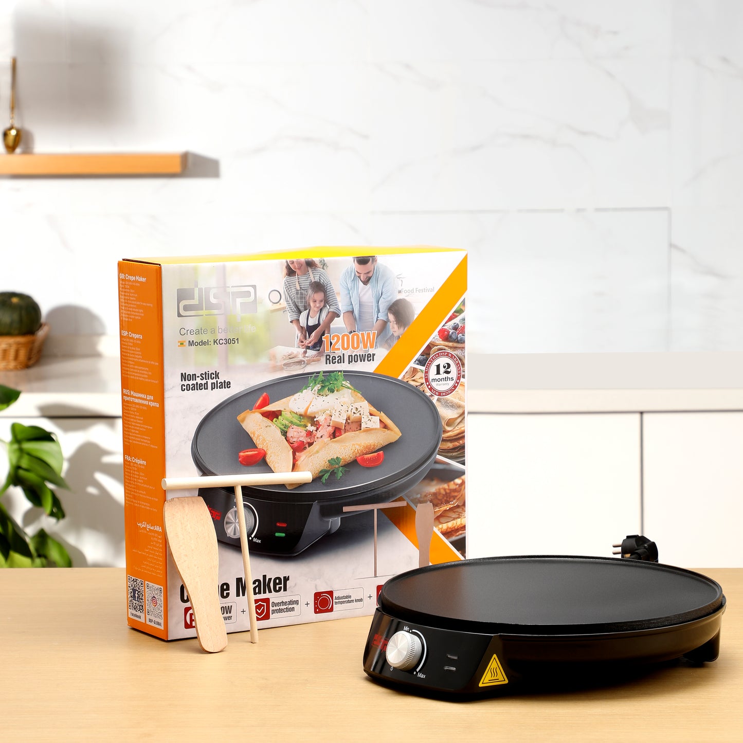 1200W Crepe Maker, 30cm Teflon Non-Stick Plate, Adjustable Temp with Wooden Spatula & Stick, Perfect for Crepes, Pancakes, Breakfast & Desserts
