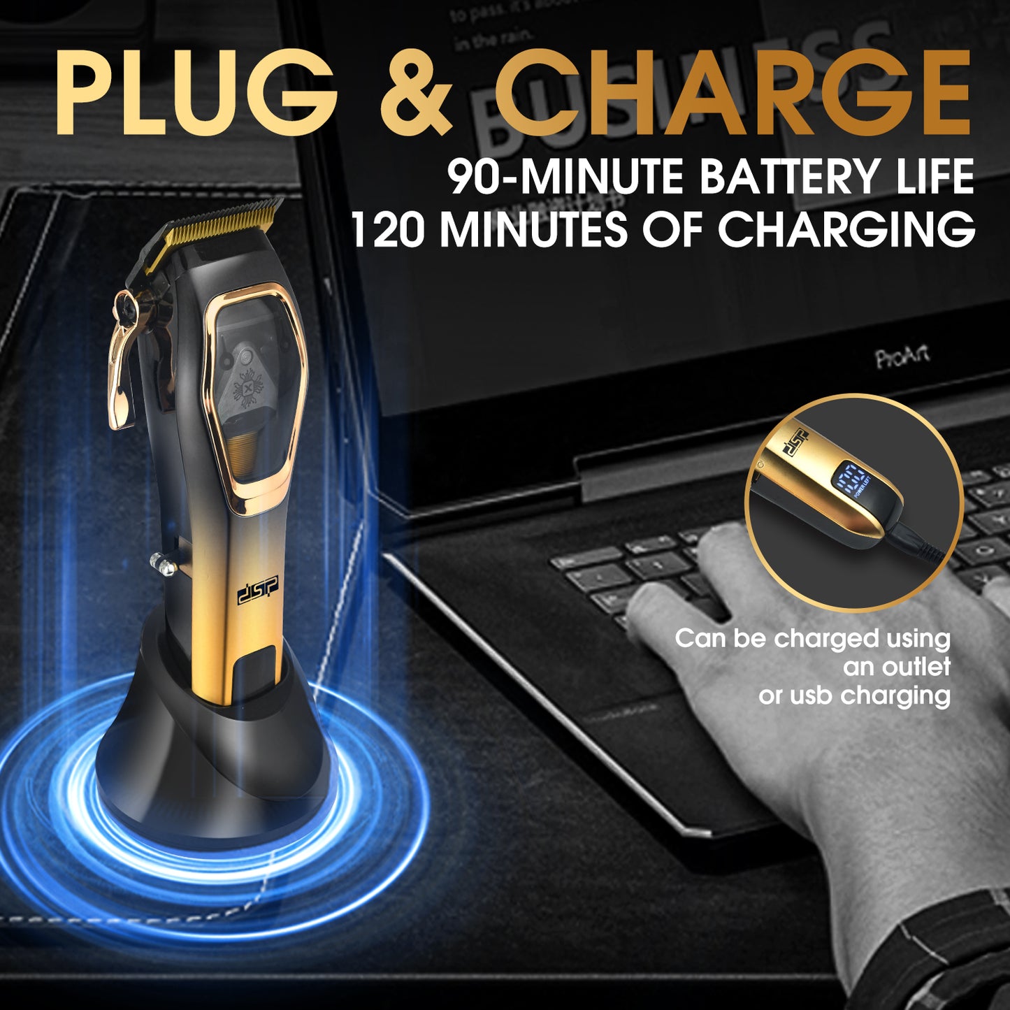 Magnetic Levitation Professional Hair Clipper with 9000RPM Motor, Gold-Titanium Blades & Digital Display, Low Noise/Skin-Friendly for Home/Salon Use